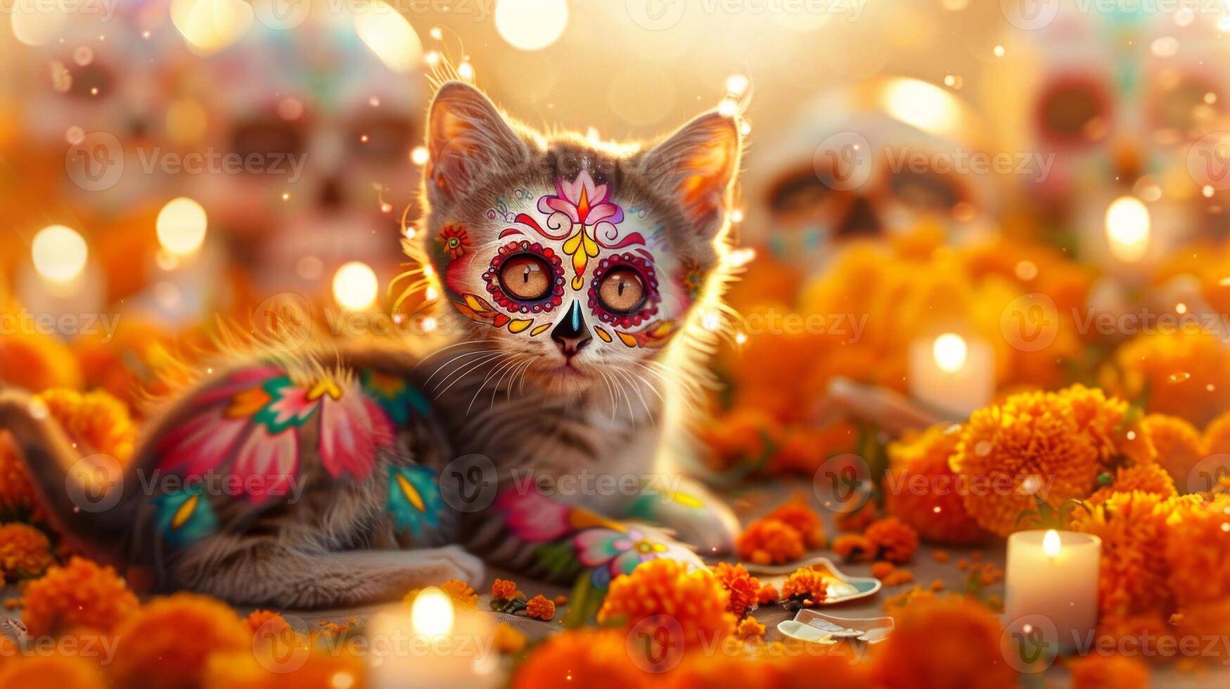 Kitten with Day of the Dead face paint among marigold flowers. Small cat with Dia de los Muertos makeup in floral setting. Concept of cultural celebration, festive cats, colorful traditions photo
