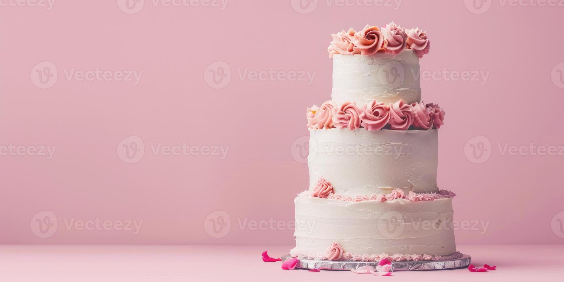 Elegant pink festive cake on a pastel pink background. Perfect for weddings, birthdays, and celebrations. Copy space photo