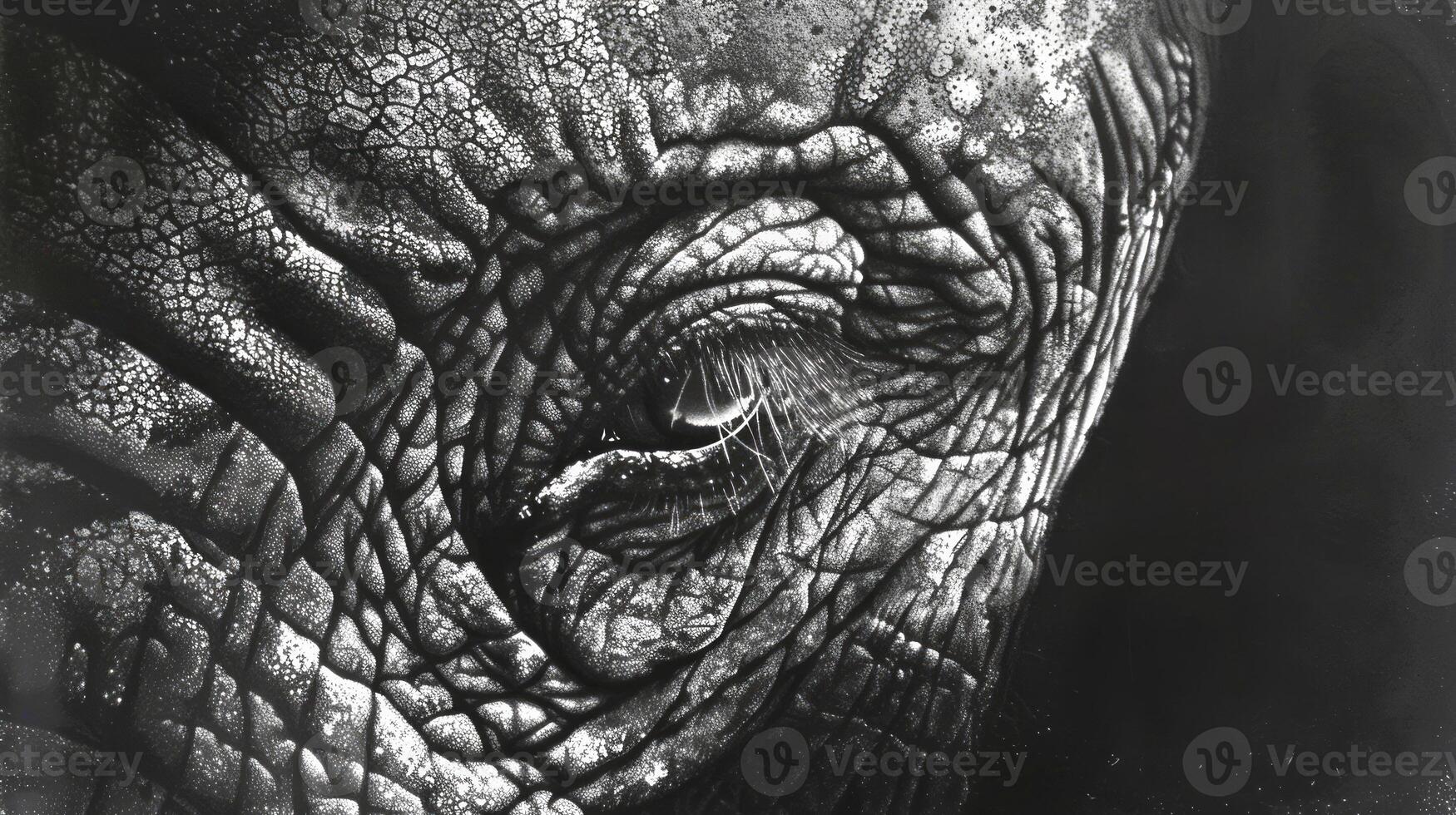 Monochrome artwork of an elephant's eye close-up. Detailed depiction of an elephant eye in grayscale. Concept of artistic wildlife portrayal, detail focus, and animal expression. photo