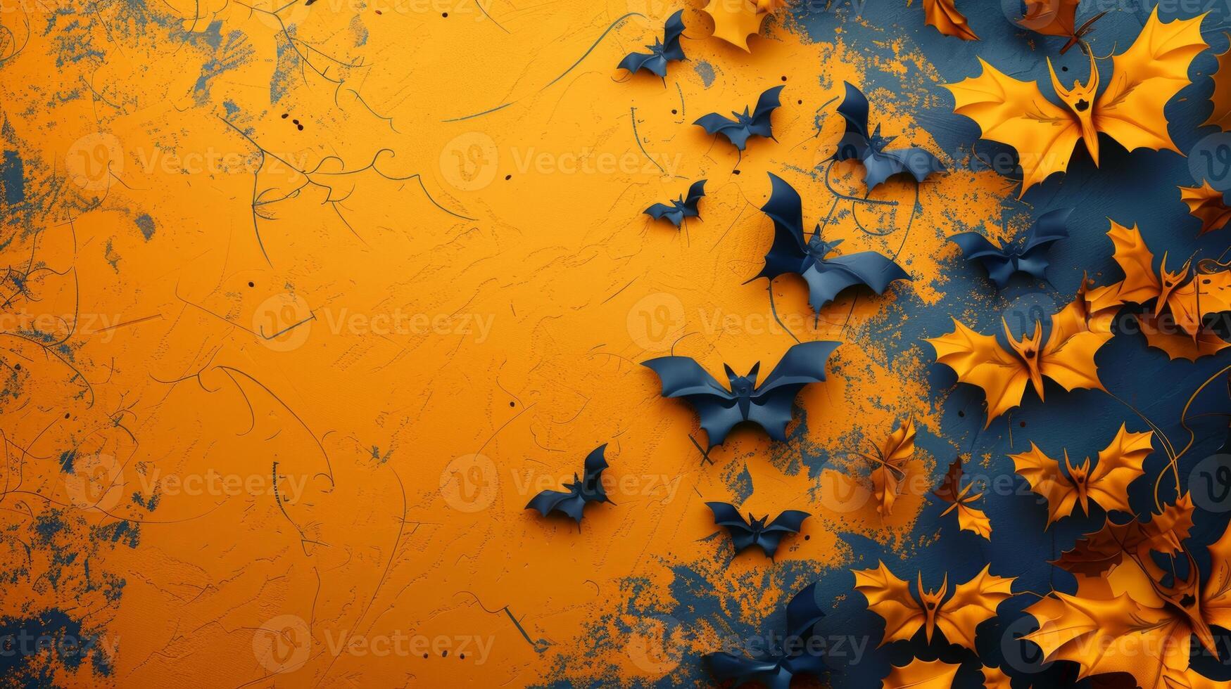 Paper cut bats and autumn leaves on colorful background. Halloween theme. Concept of holiday decor, seasonal design, festive atmosphere, creative artwork. Banner. Copy space photo