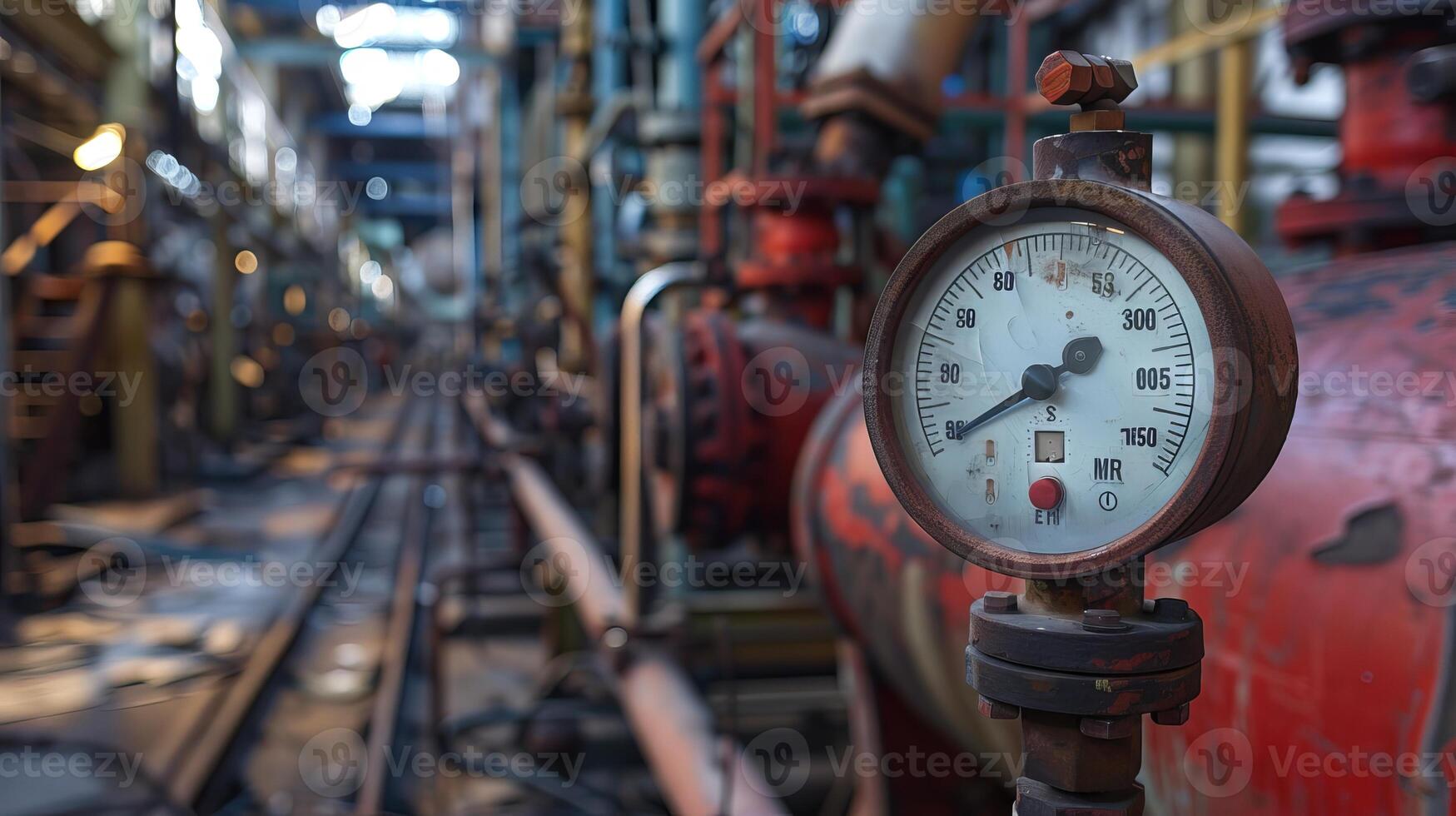 Close-up of a pressure gauge in an industrial factory. Concept of manufacturing, machinery, engineering, production process photo