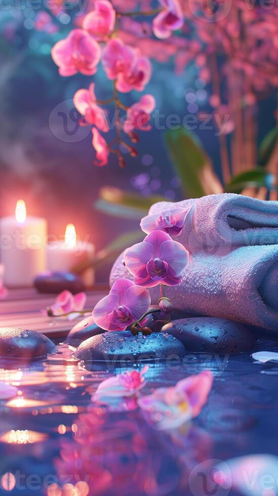 Elegant spa setting with lit candles, flowers, towels, smooth stones. Calming wellness retreat for relaxation. Concept of luxury Thai spa, self-care, indulgence. Copy space. Vertical photo