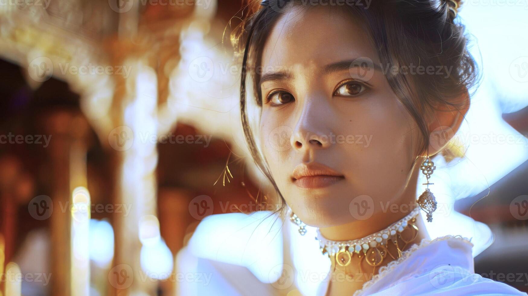 Thai woman in traditional attire with a serene expression. Portrait of Asian elegance against a temple backdrop. Concept of Thai culture, traditional dress, and poised beauty. photo