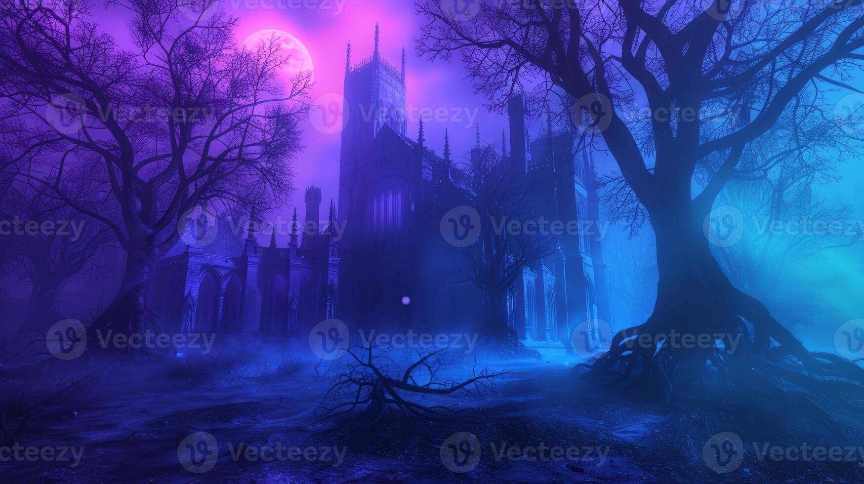 Mysterious large house at twilight surrounded by fog. Concept of haunted mansion, spooky atmosphere, eerie twilight, mysterious architecture, Halloween photo