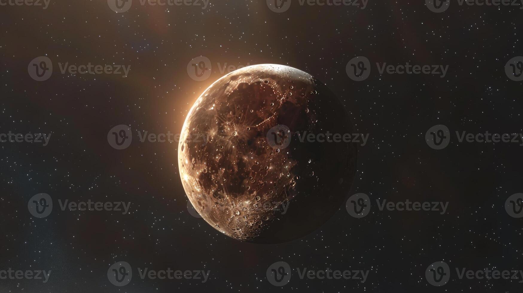 Lunar eclipse against a starry night sky. Darkened moon partially covered by the Earth's shadow. Concept of celestial event, astronomy, lunar phenomenon, and space observation photo