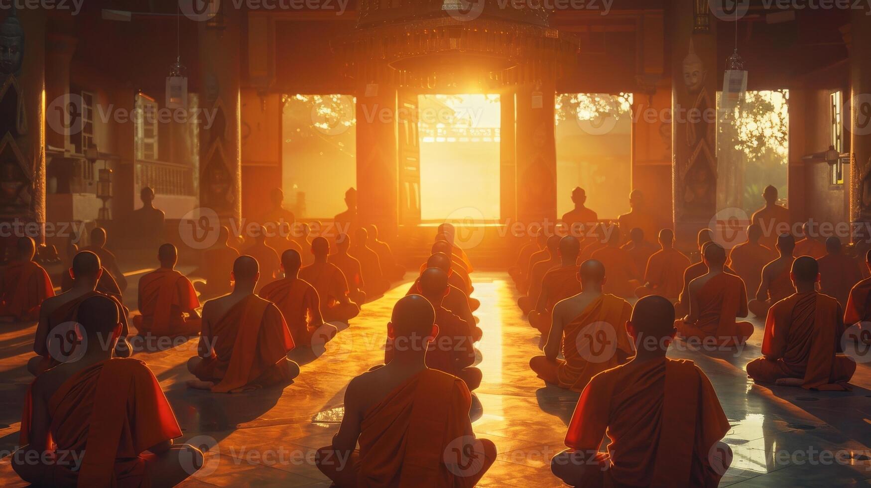 Buddhist monks in orange robes meditating in temple. Concept of spirituality, worship, Buddhist tradition, and religious practice photo