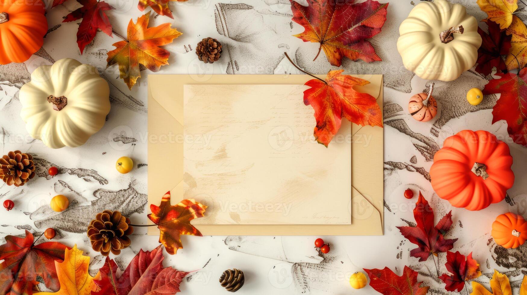 Autumn-themed frame with pumpkins and dry leaves. Fall decoration border around a textured paper. Copy space. Mockup. Concept of autumn harvest, Thanksgiving backdrop, Halloween, festive decor. photo