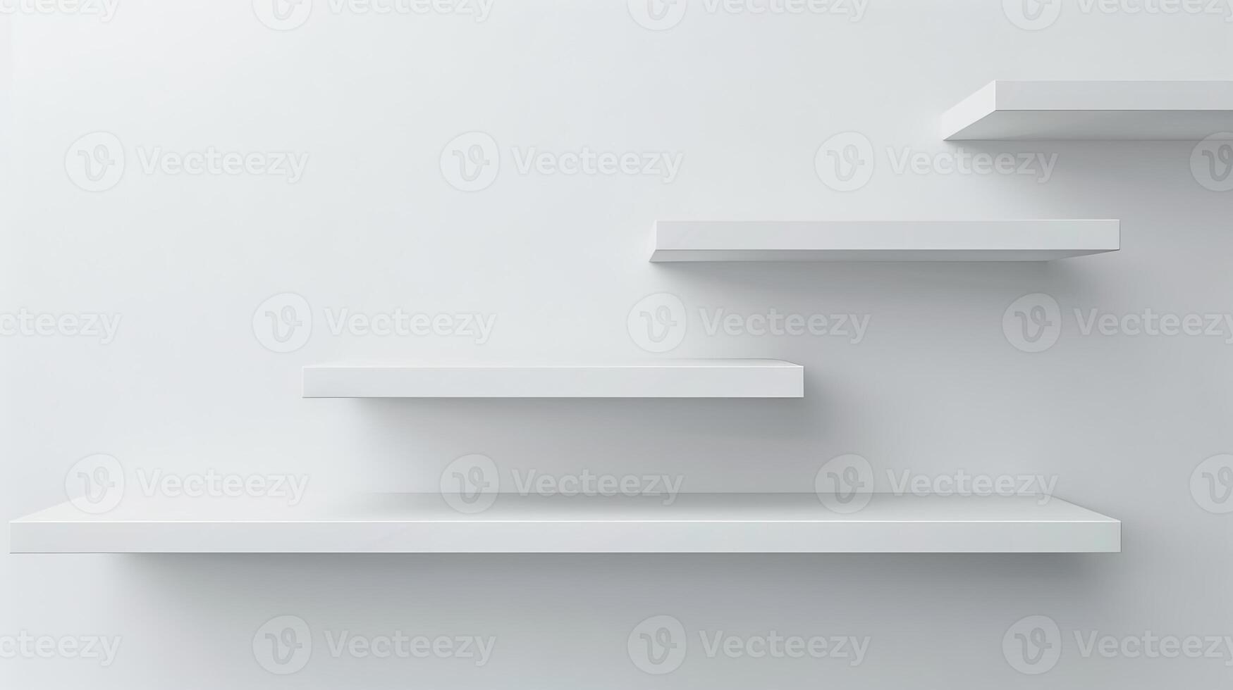 Modern minimalist white wall shelves design. Concept of interior decoration, home organization, clean and simple aesthetic. Copy space. Mockup. Empty Shelves on a White Wall photo