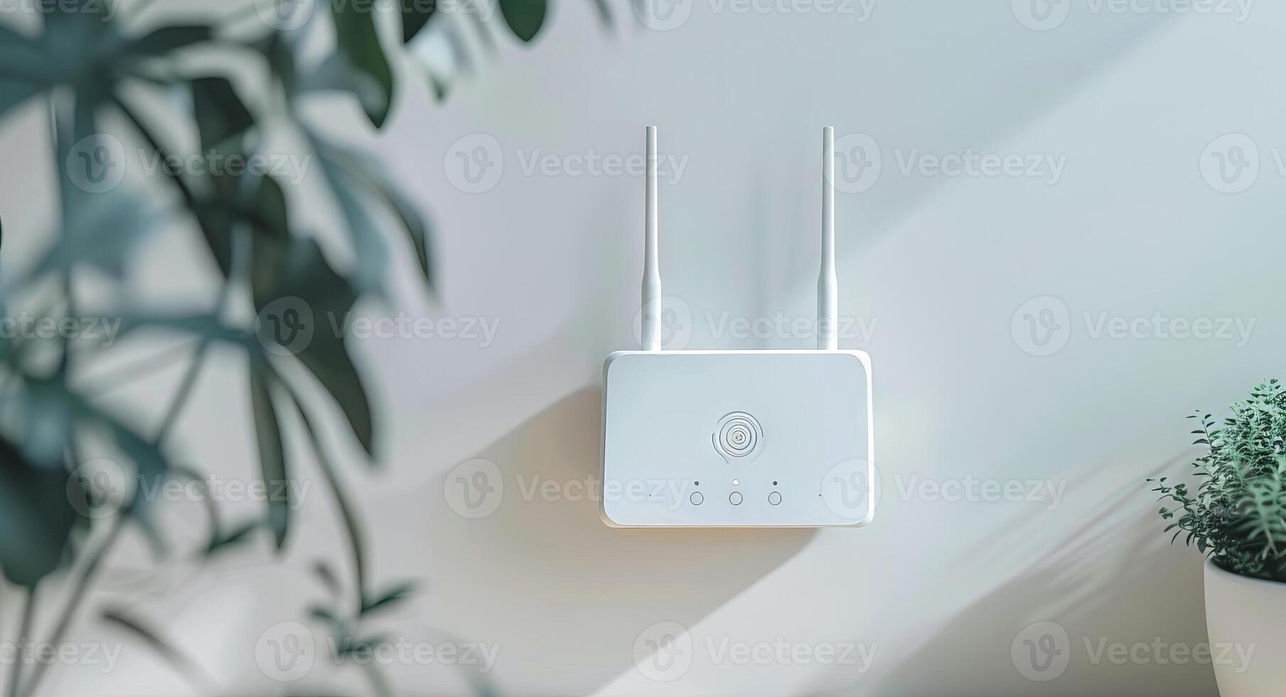 Wireless internet router with antennas on a white wall. Modern technology device for connectivity. Concept of internet access, home networking, wireless communication, minimalist design photo