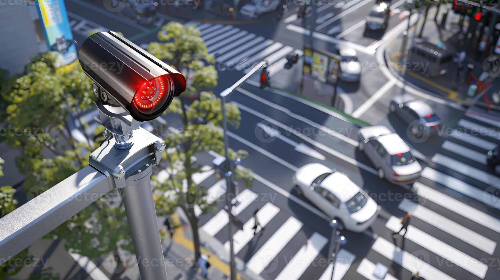 Surveillance camera overlooking a busy urban intersection. Security concept. Traffic monitoring, urban safety, public surveillance, modern technology photo