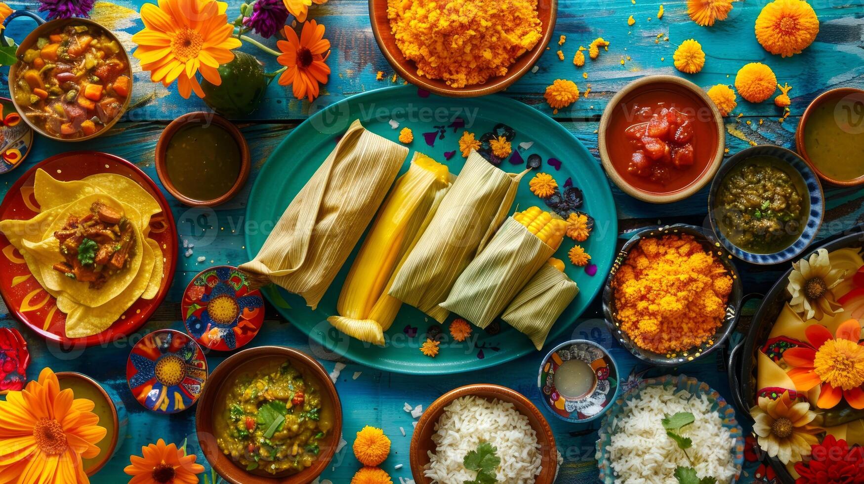Mexican traditional food on the table. Authentic Mexican cuisine with bright dishes. Concept of cultural celebration, culinary, festive meal, feast, Day of the Dead, Dia de los Muertos celebration photo