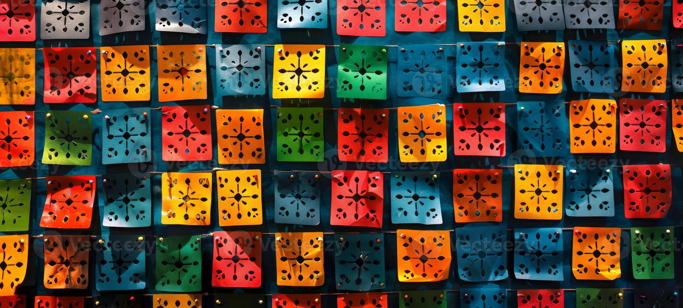 Colorful paper flags hanging on dark background. Papel picado. Mexican party decoration. Concept of decoration, celebration, festivity, traditional design, Day of the Dead, Dia de los Muertos photo