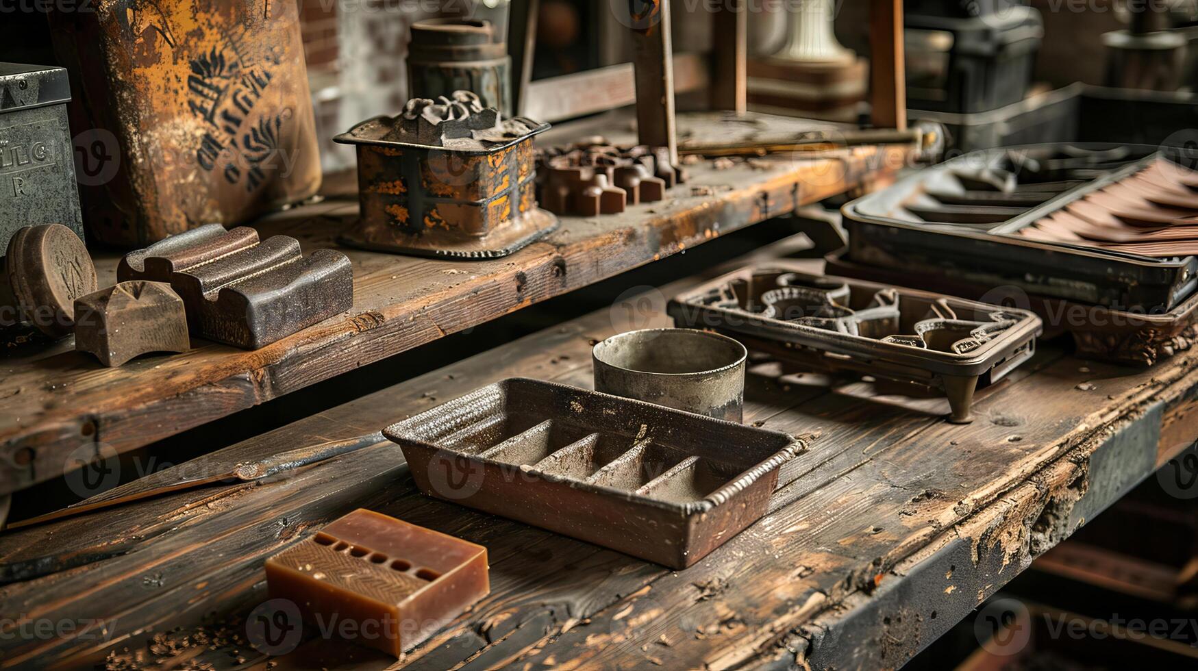 Vintage soap molds and cutters displayed on an old wooden table. Rustic collection of antique soap-making tools. Concept of traditional craftsmanship, historical soap production, and vintage workshops photo