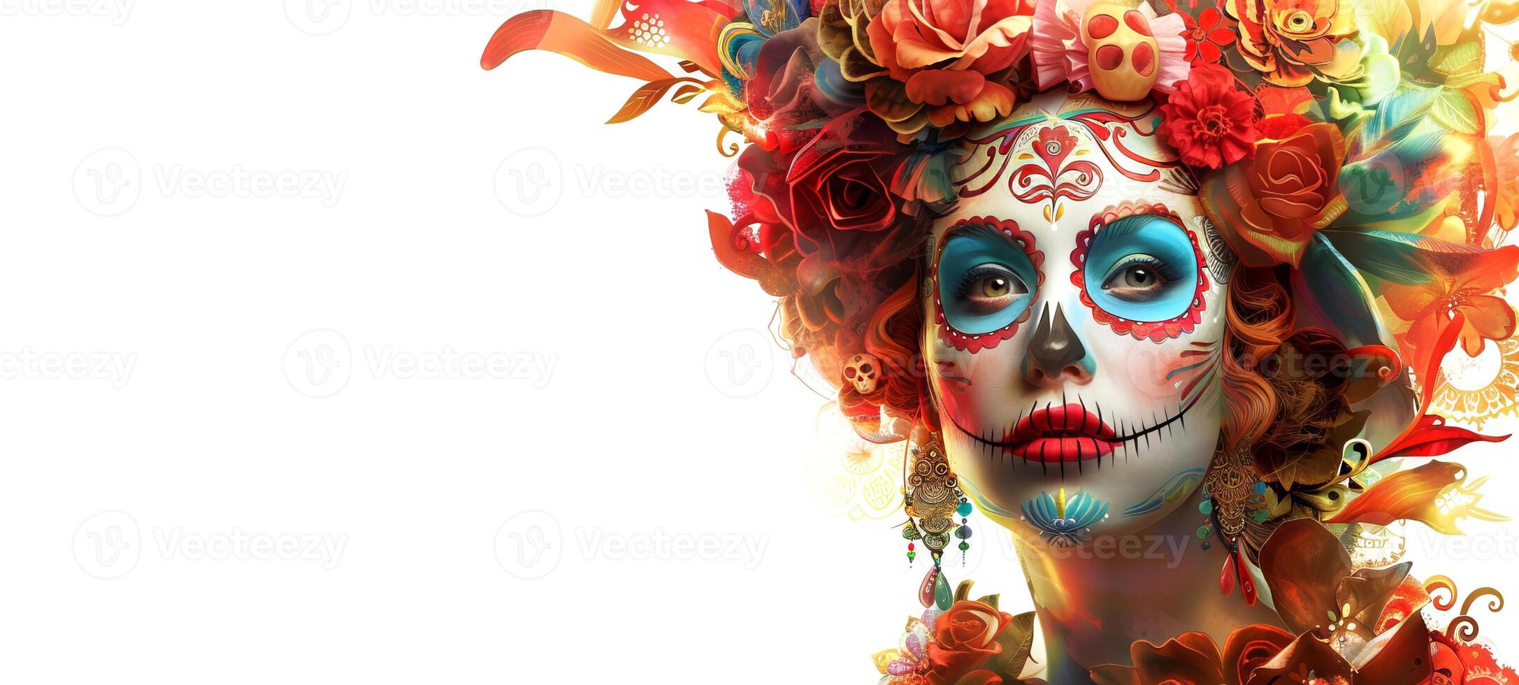 Woman with Day of the Dead skull makeup. Lady with Dia de los Muertos face paint. White background. Concept of Mexican culture, holiday celebration, Halloween. Copy space. Banner photo