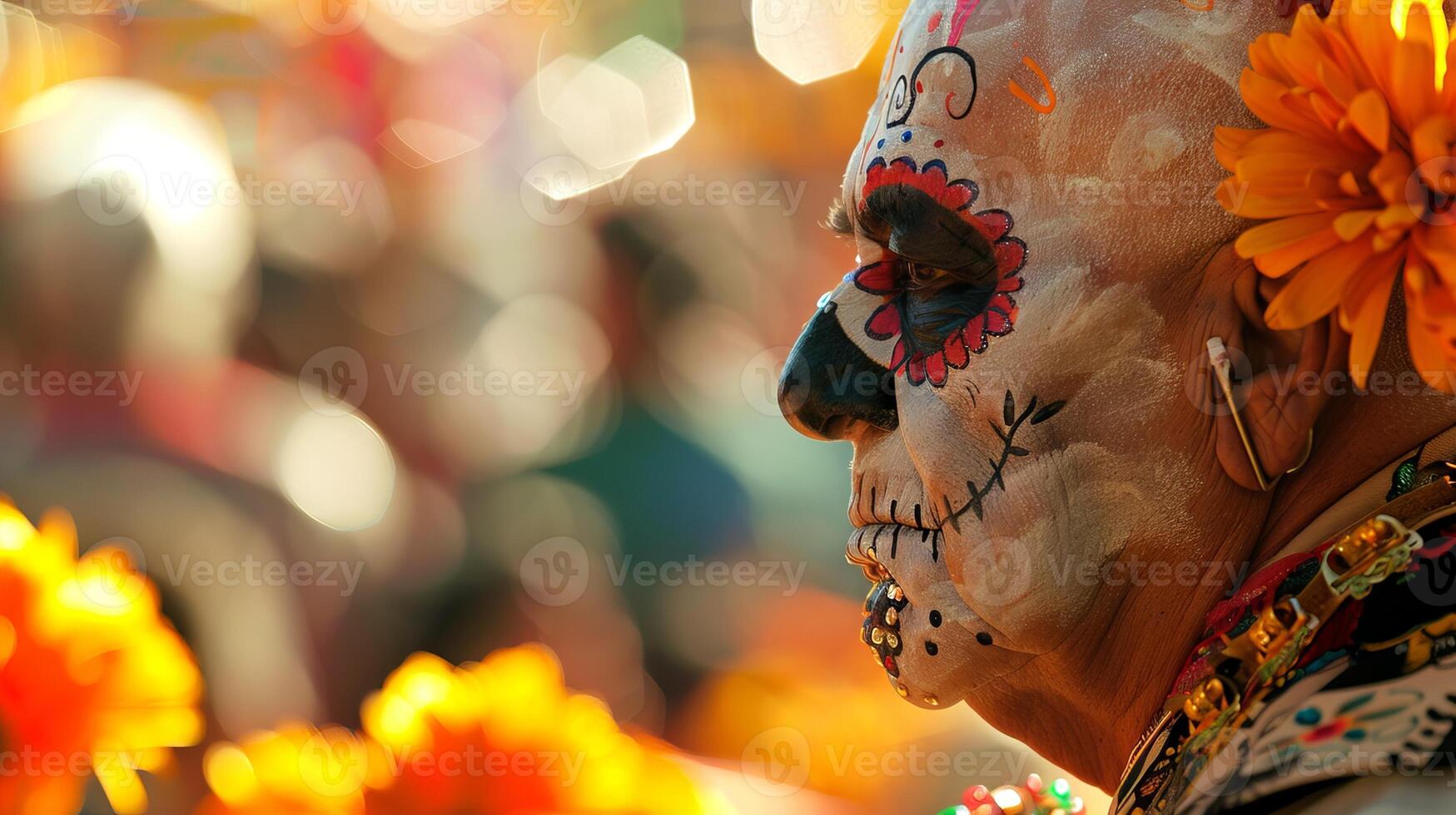 Elderly caucasian man with Day of the Dead face paint. Older white male with Dia de los Muertos skull makeup. Concept of cultural celebration, tradition, Halloween, Mexican culture. Space for text photo