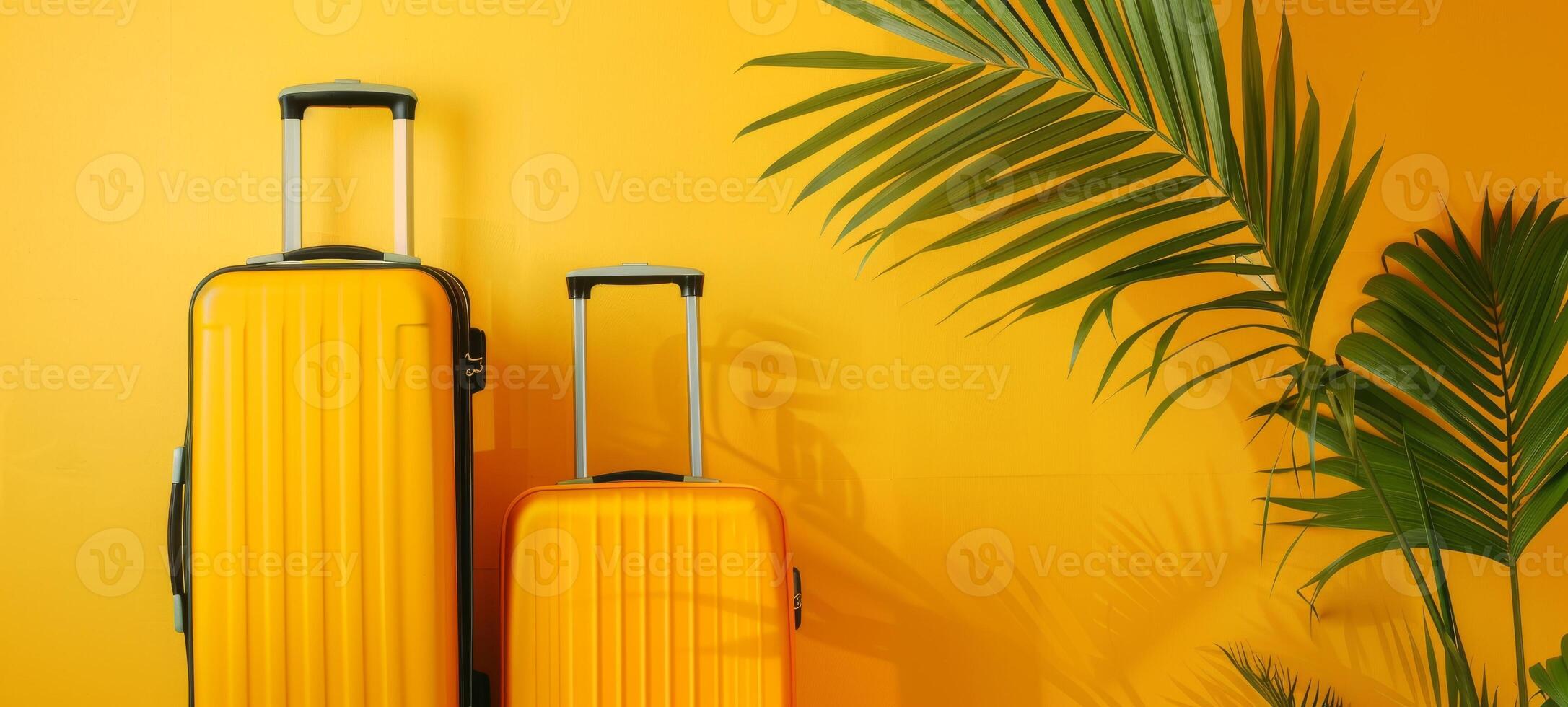 Yellow suitcases on yellow background with tropical palm leaves. Travel luggage ready for holiday. Wide Banner. Copy space. Concept of vacation, travel gear, tropical destination, journey preparation photo
