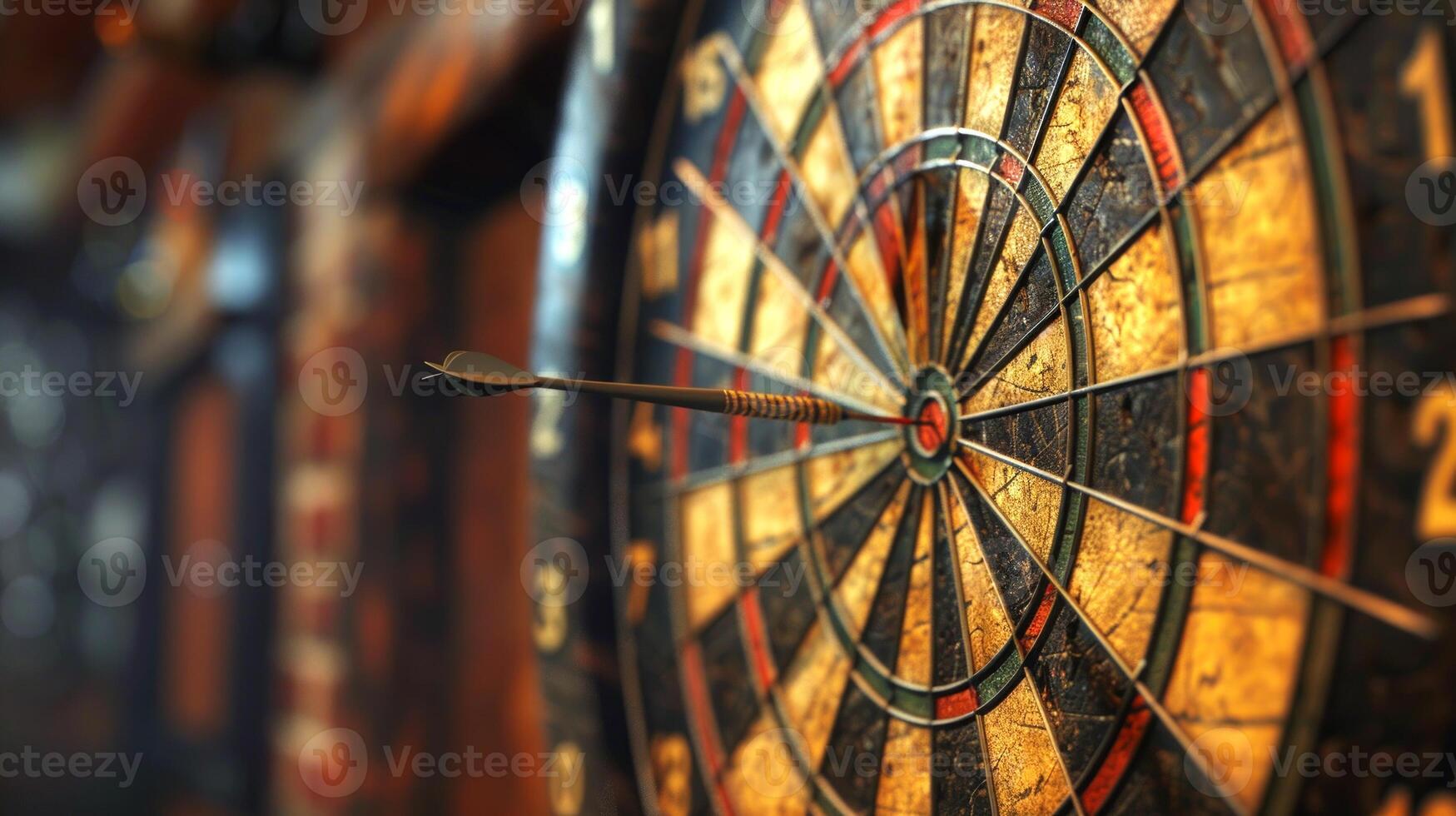 Dartboard with orange dart hitting the bullseye. Concept of target, precision, accuracy, focus, competition photo