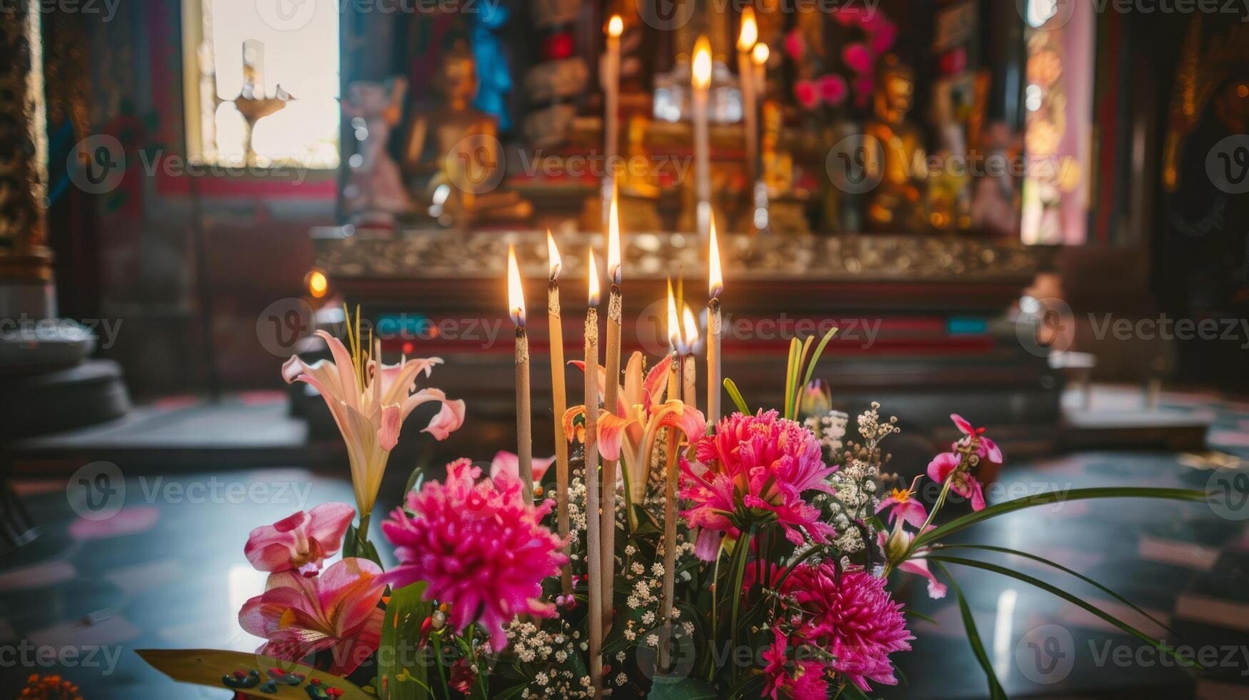 Merit-making items on a Thai temple altar. A traditional offering setup with candles and incense. Concept of Buddhist traditions, cultural rites, Visakha Bucha celebrations, and religious devotion. photo