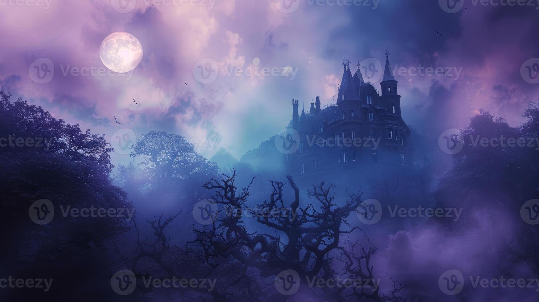 Mysterious large house at twilight surrounded by fog. Concept of haunted mansion, spooky atmosphere, eerie twilight, mysterious architecture, Halloween photo
