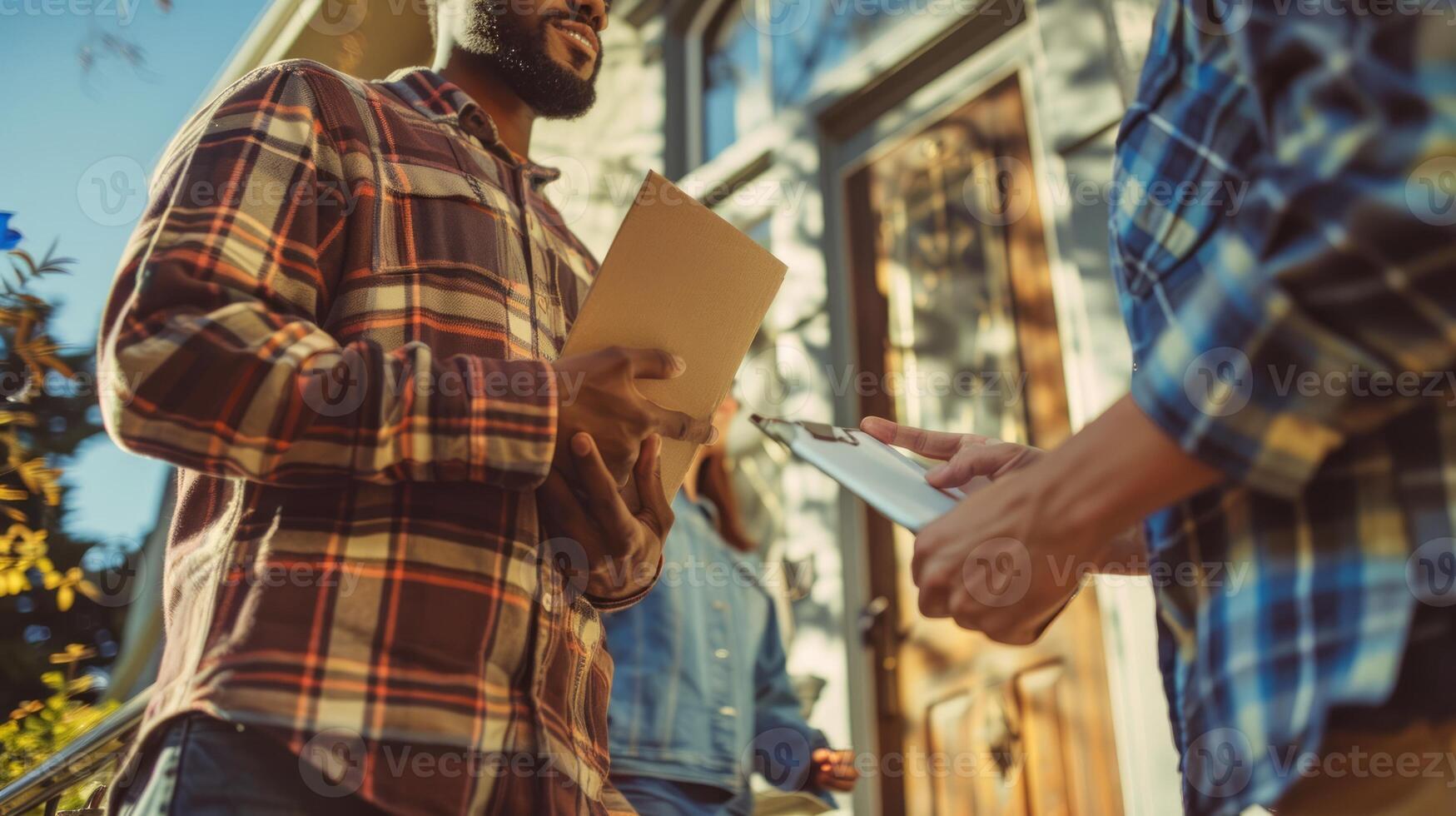 African American man receiving a package at home. Delivery interaction outside a house. Concept of home delivery, personal service, and neighborhood interaction. photo