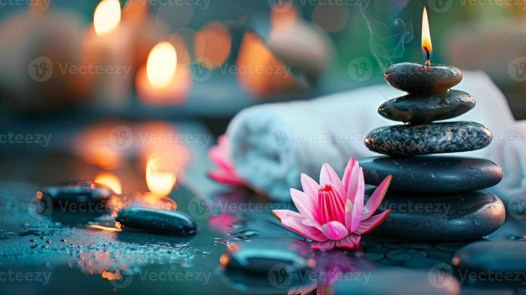 Serene setup of zen stones, lotus flower, and candles, creating a peaceful meditation space. Concept of tranquility, spiritual wellness. Copy space photo
