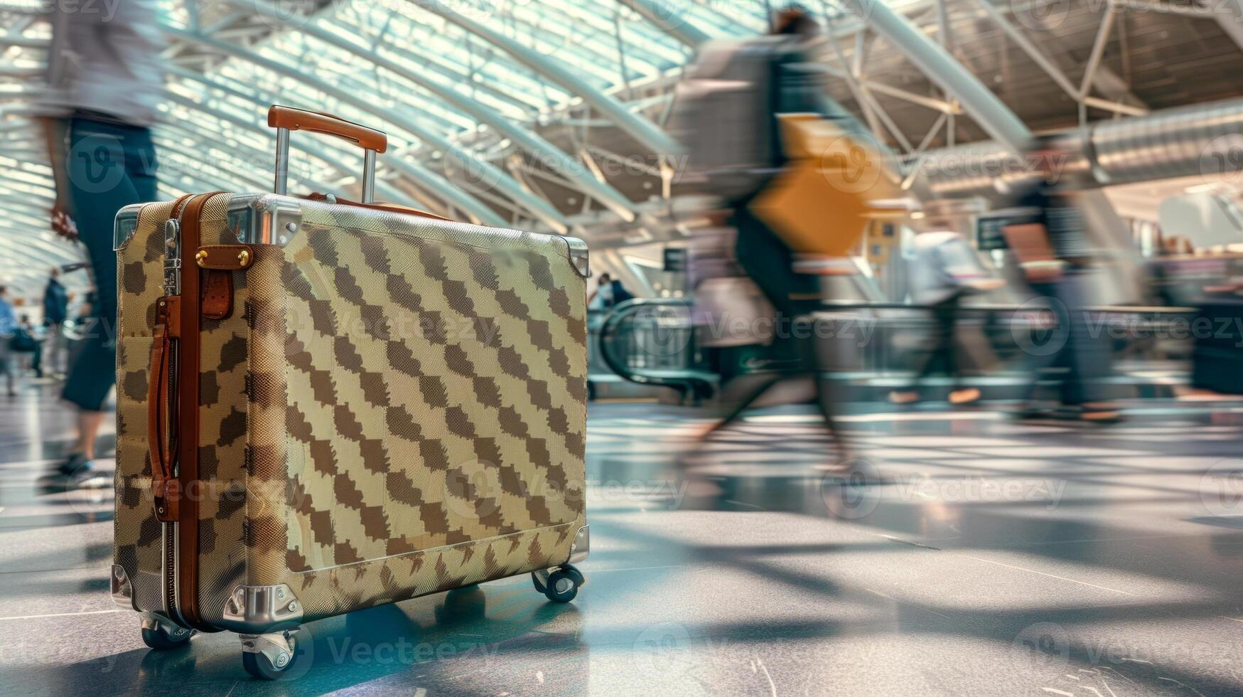 Brown suitcase in modern airport terminal. Luggage, travel, journey, transportation concept photo
