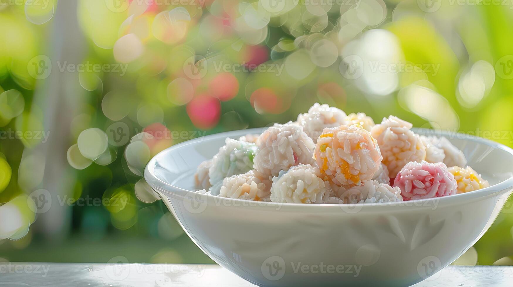 Bowl of Bua Loi with multi-colored rice balls in coconut milk, outdoor setting. Sweet traditional Thai dessert. Concept of Thai cuisine, exotic treats, Asian sweet dish, culinary. Space for text photo