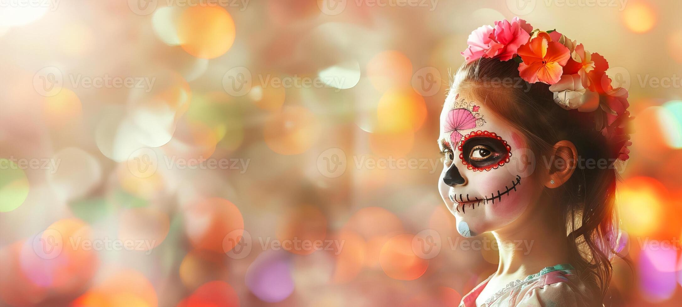 Girl with festive sugar skull face paint on bokeh background. Child with artistic Dia de los Muertos makeup. Concept of Mexican culture, Halloween celebration, and vibrant tradition. Copy space photo