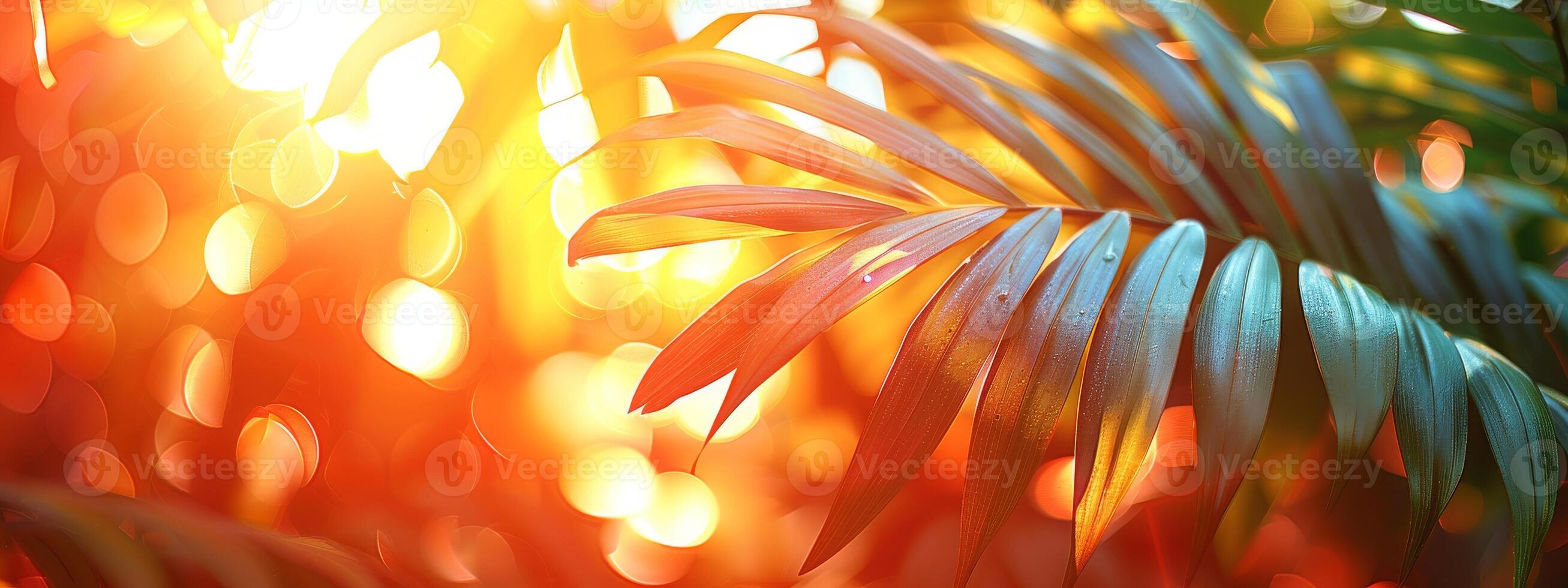 Bright summer tropical backdrop with colorful palm leaves and bokeh effects. Trendy botanical wallpaper with blue, pink, yellow colors. Festive mood. Wide banner. Copy space. Mockup for design photo