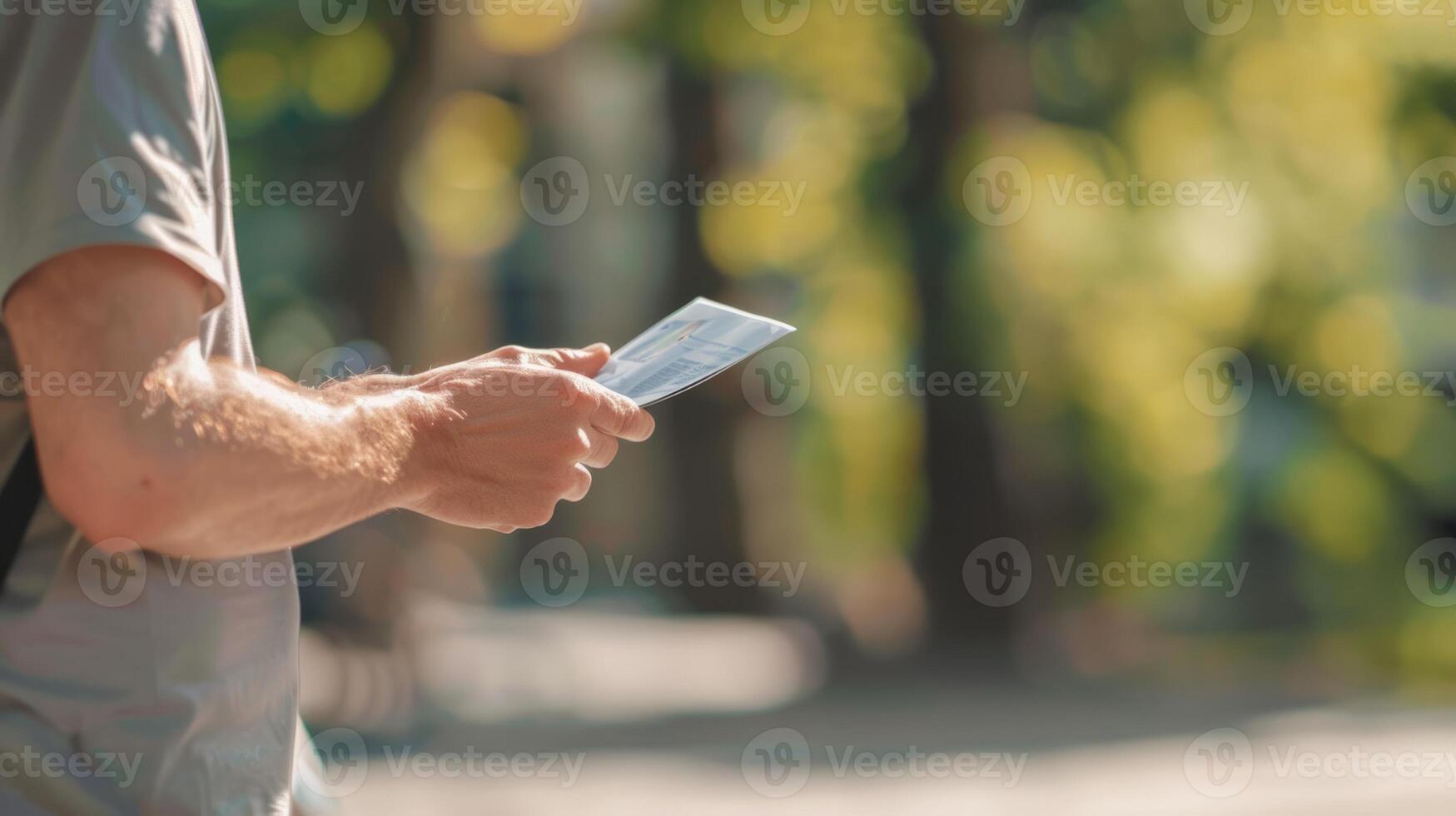 Man holding a document outdoors in a sunny park setting. Close-up of male hand with paperwork. Concept of outdoor work, business on-the-go, document management, and natural light. photo
