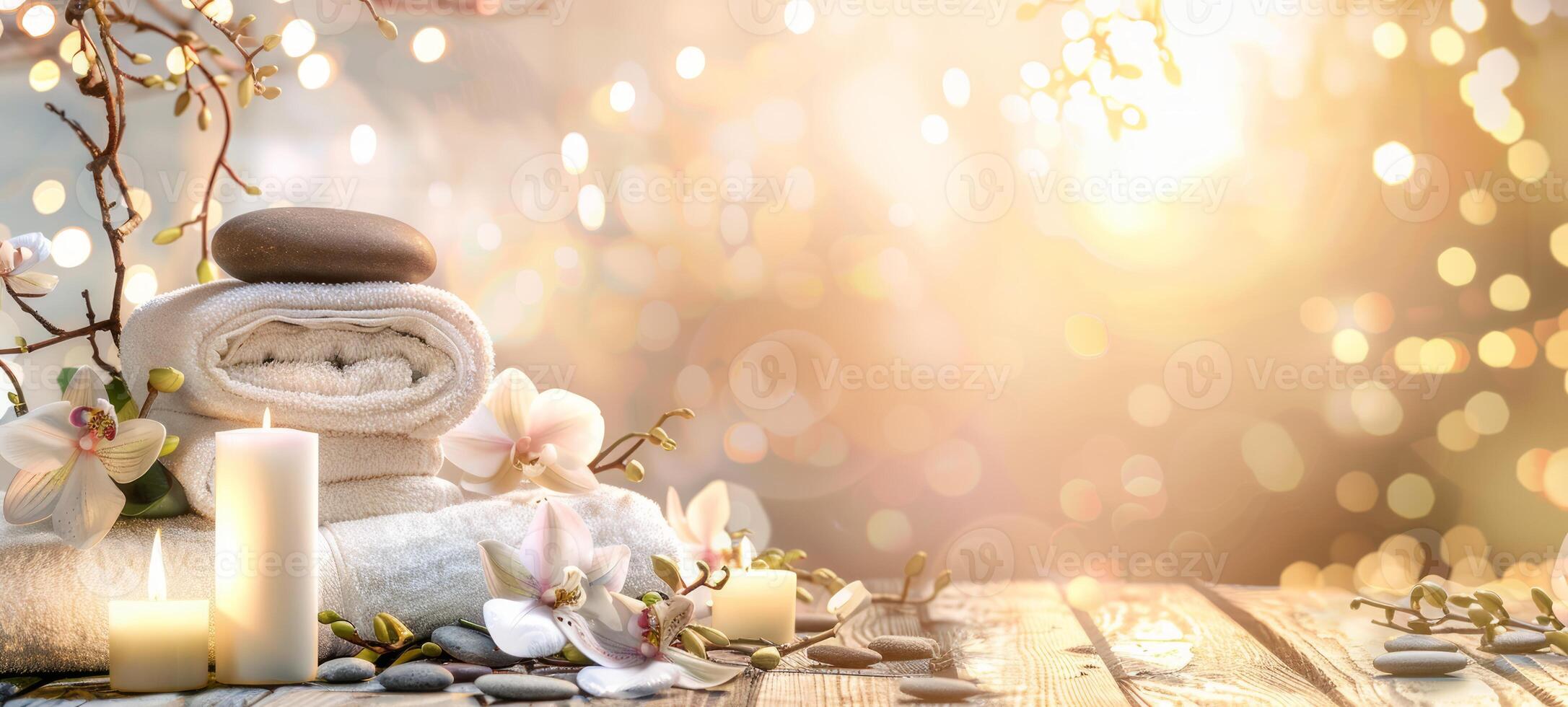 Opulent spa environment with orchids, towels, and candles. Luxurious and relaxing setting. Concept of wellness luxury, calming design, and elegant atmosphere. Banner. Copy space photo