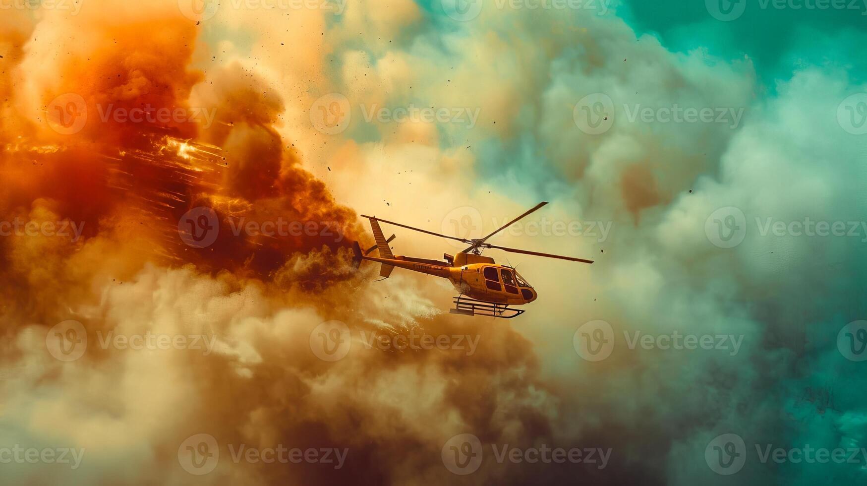 Yellow helicopter in smoky sky during dramatic rescue mission. Airborne chopper in a cloud of smoke. Concept of emergency response, aerial rescue, and aviation photo
