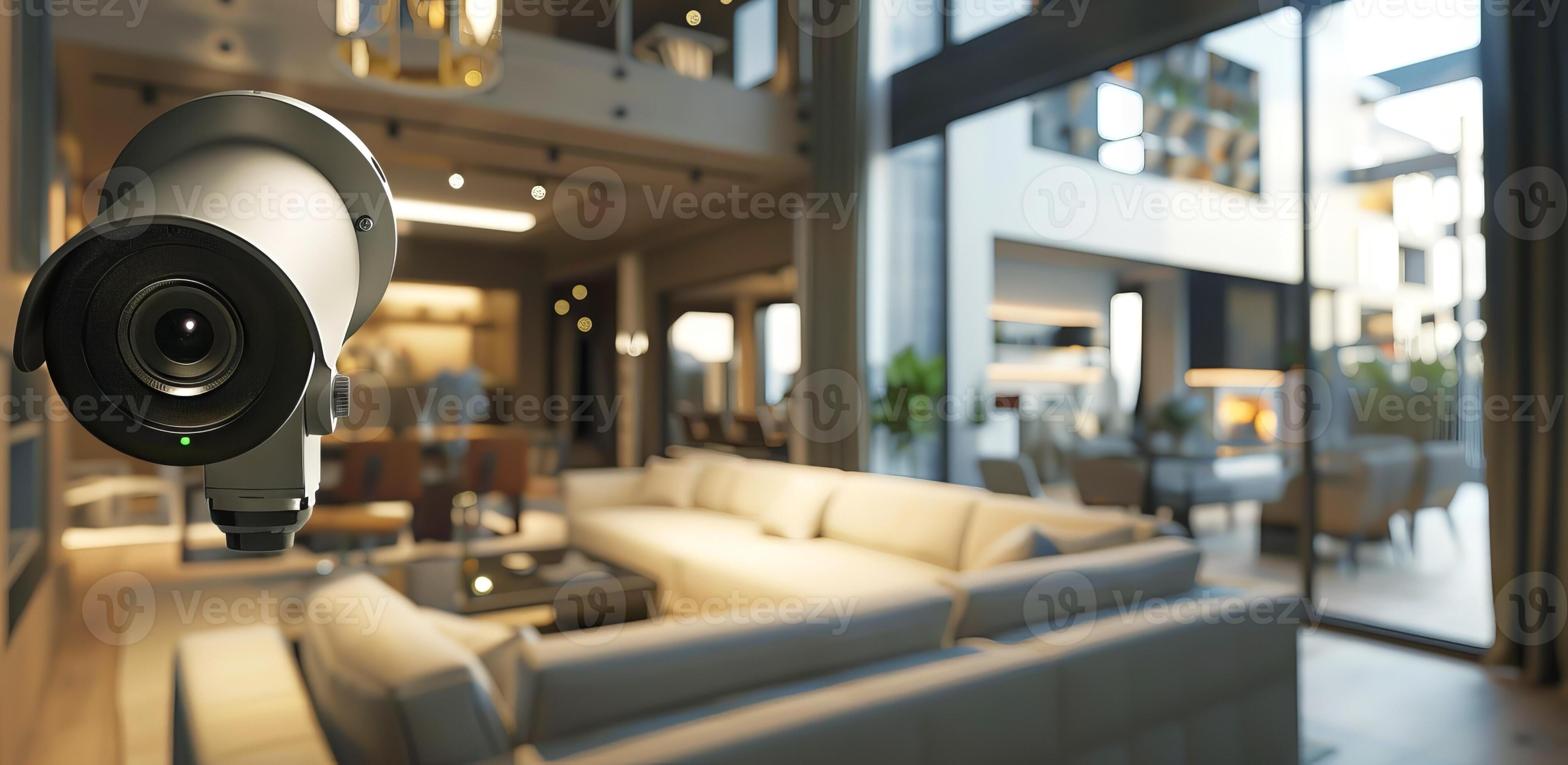 Modern security camera overlooking a stylish living room interior