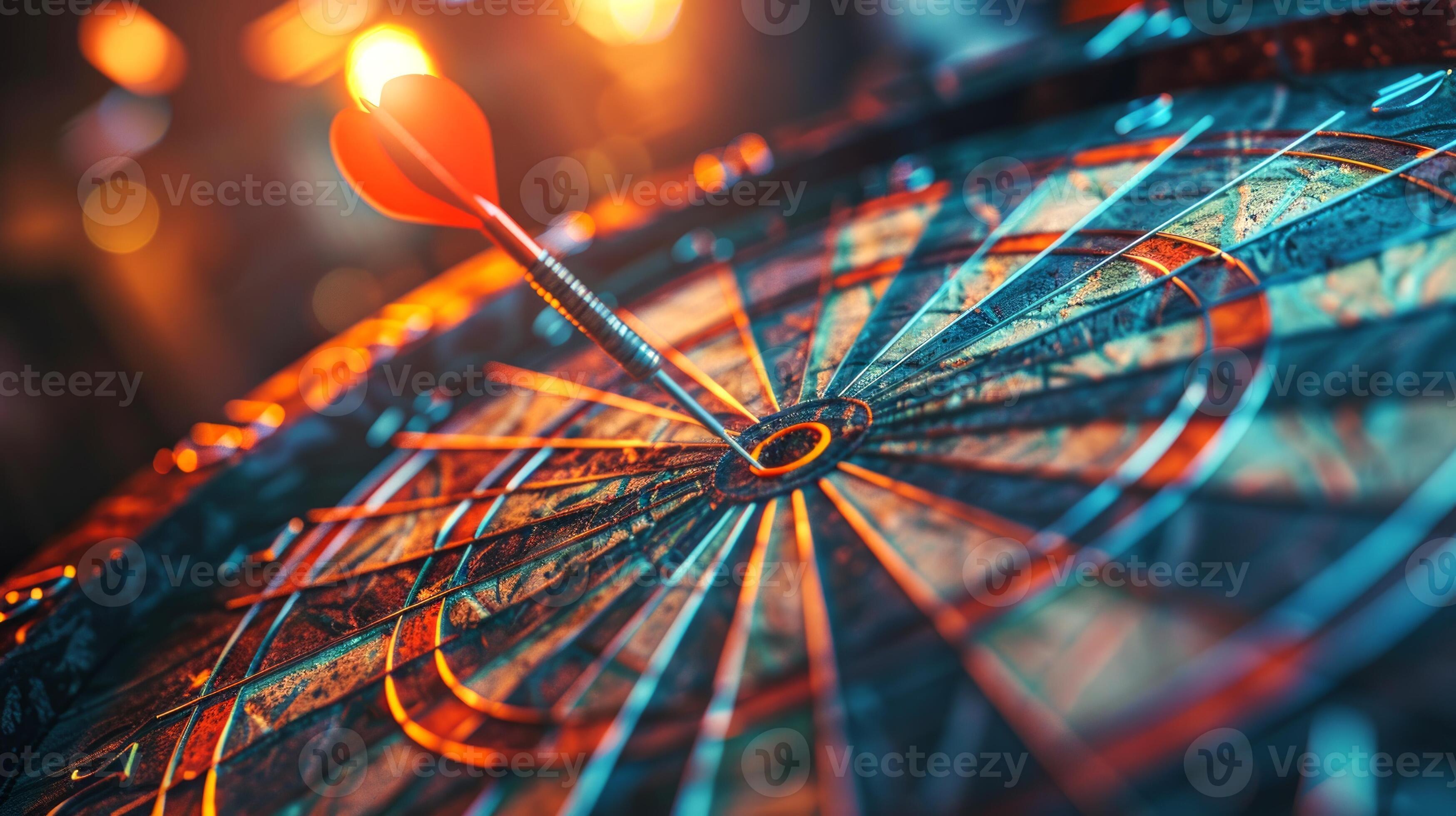 Dart hitting bullseye on an illuminated dartboard. Concept of accuracy, precision, target, and