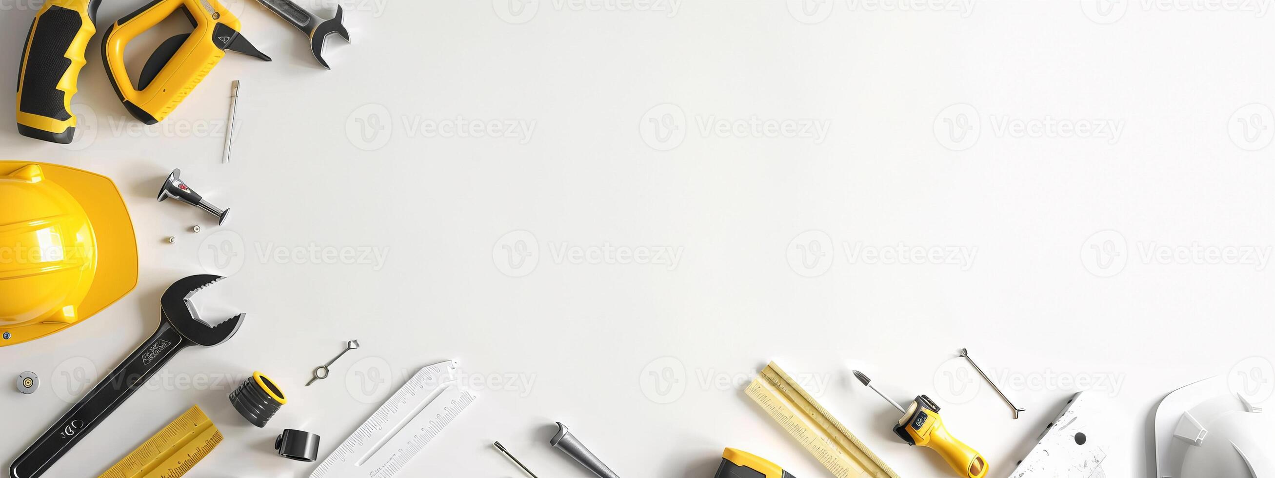 Various construction tools on a white background. Concept of building, repair work, engineering, craftsmanship, hand tools. Top view. Copy space photo