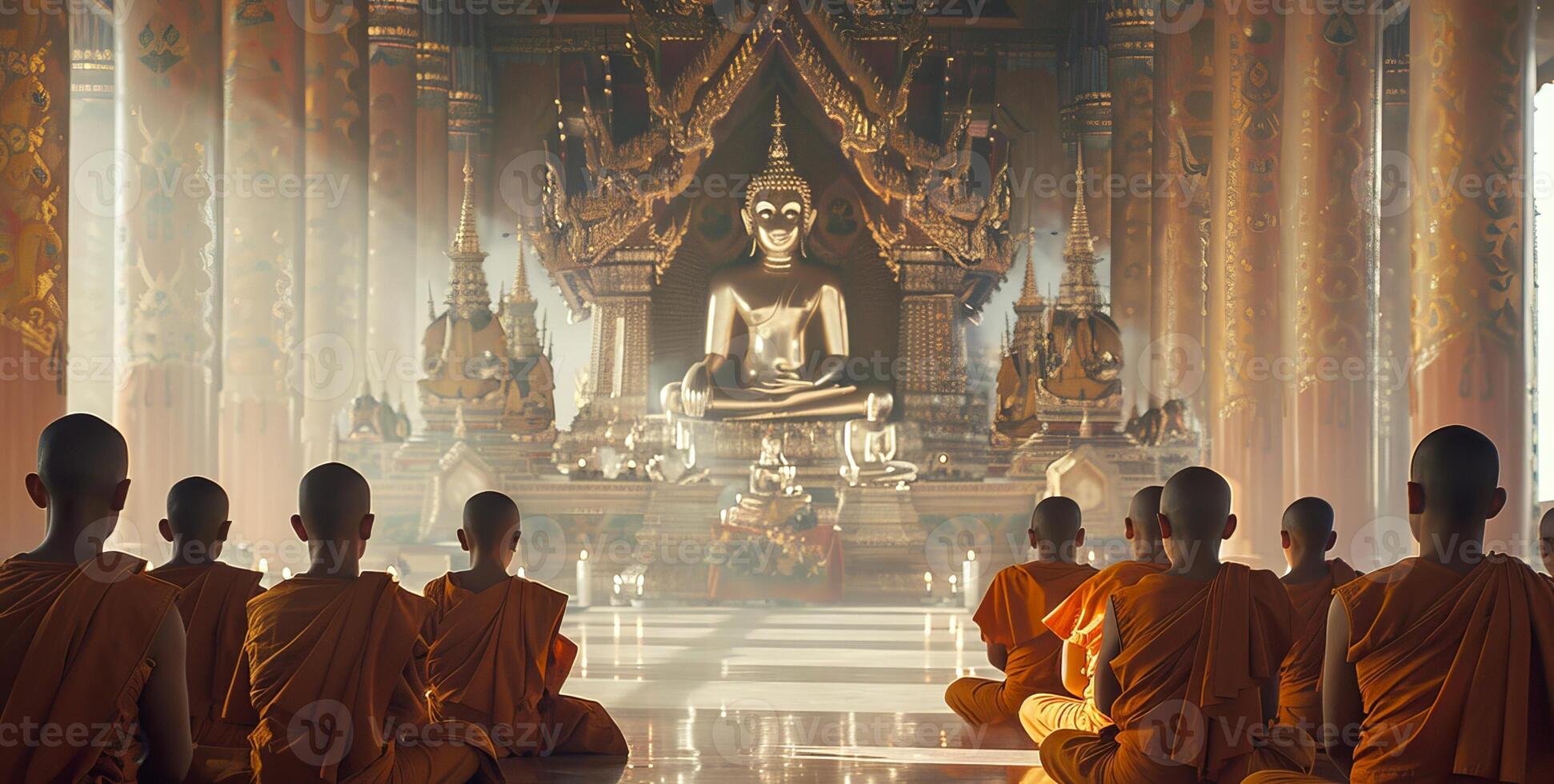 Orange-robed Buddhist monks practicing meditation in a temple. Silent contemplation in front of a Buddha effigy. Concept of Buddhist rituals, serene worship, spiritual gatherings, and meditation photo