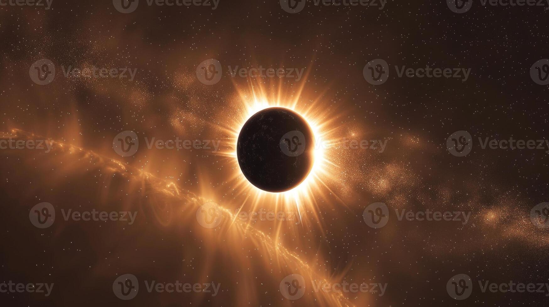 Eclipse with radiant halo in a star-filled sky. Solar eclipse with a glowing corona. Concept of cosmic events, astronomy, solar phenomena, and celestial observation photo
