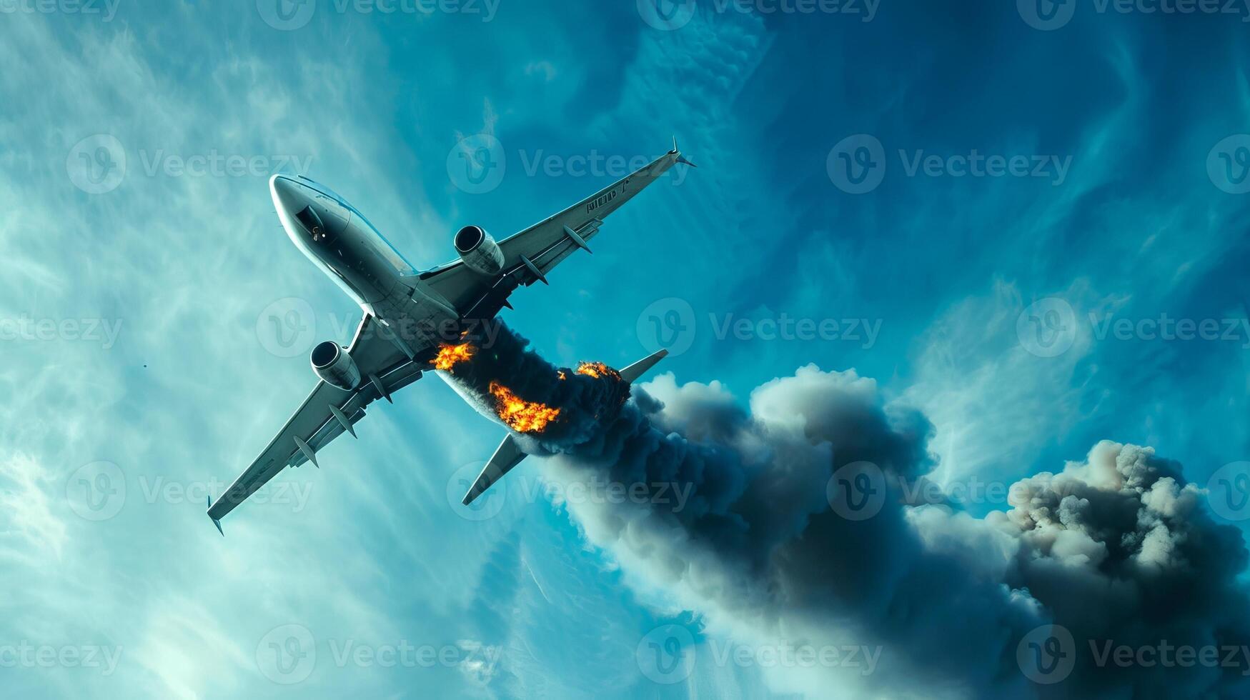 Airplane with engine on fire during flight. Aircraft experiencing inflight engine fire. Burning plane. Concept of aerospace safety, emergency procedures, disaster response photo