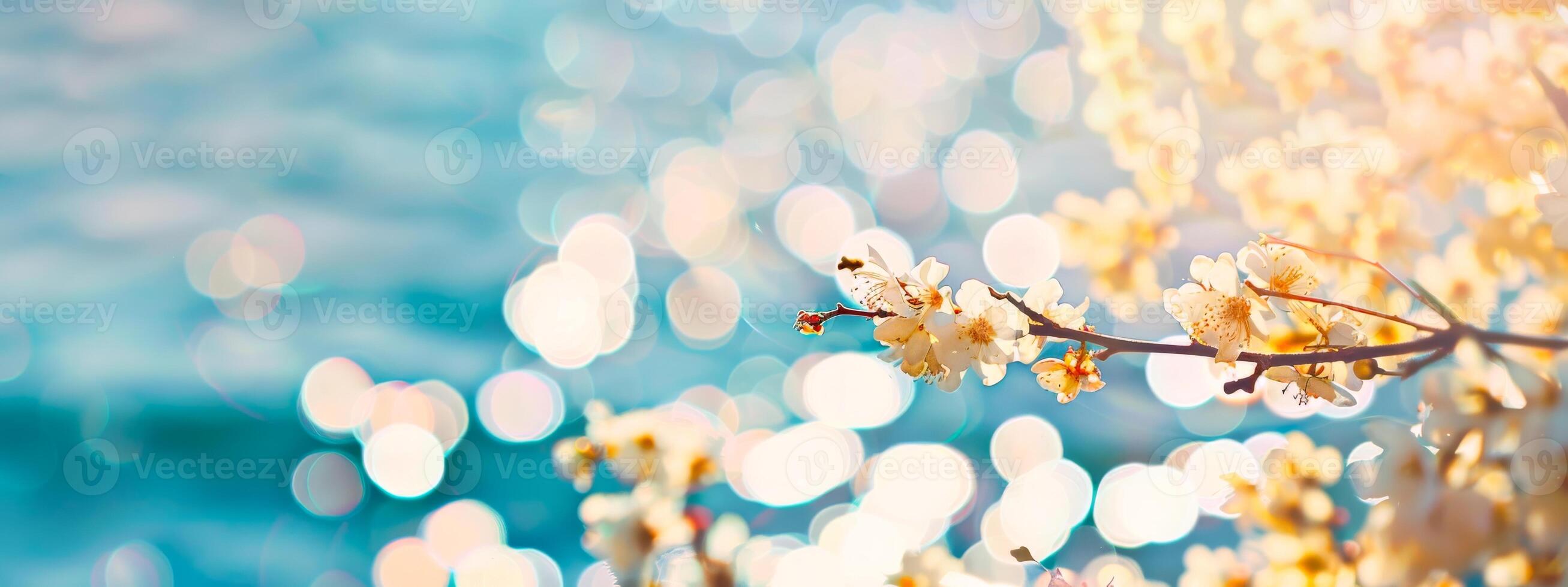 Blossoming white flowers against a bokeh ocean background. Delicate blooms with soft sunlight and sparkling sea reflections. Concept of spring, freshness, and serene nature. Banner. Copy space photo