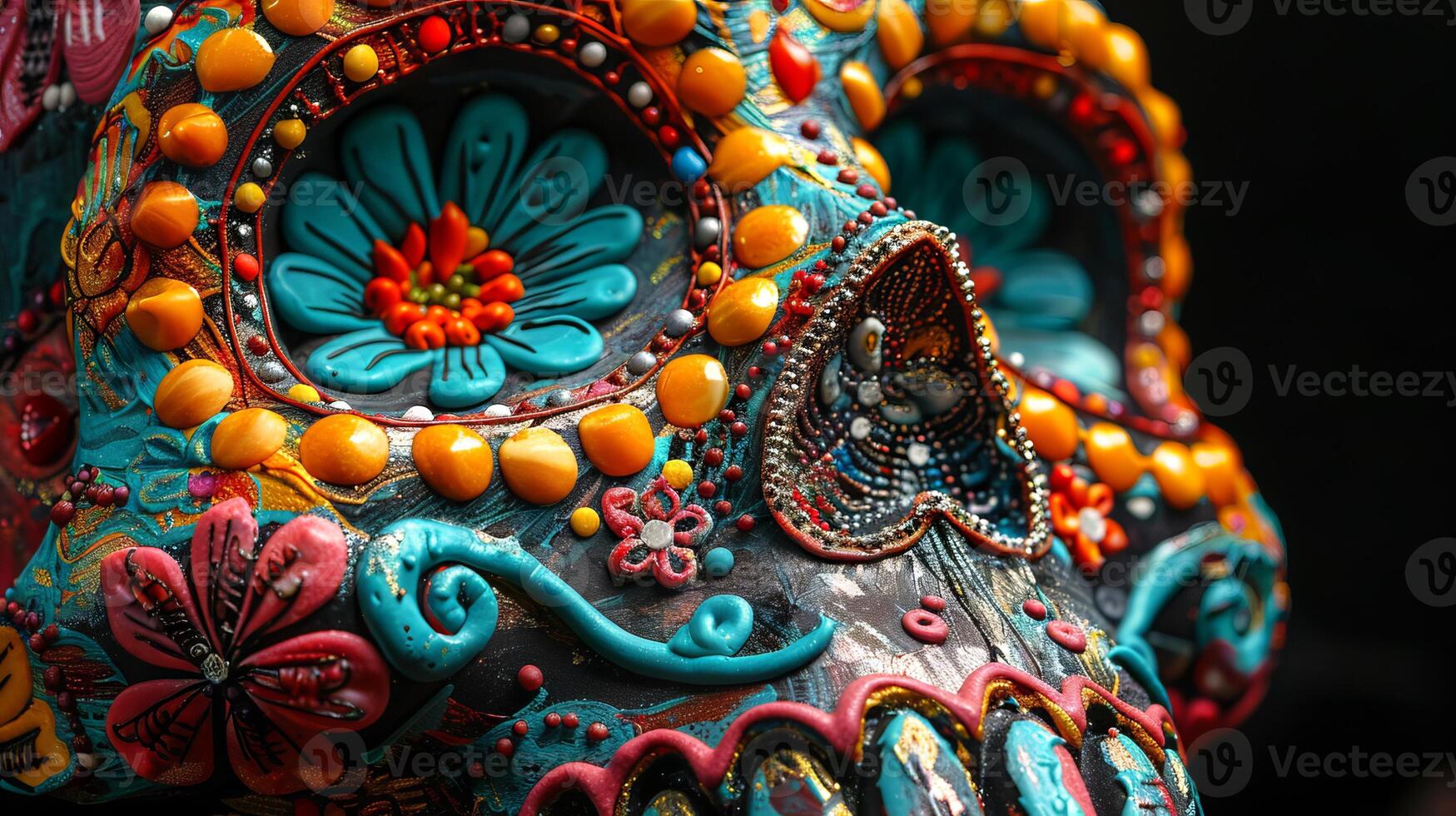 Colorful sugar skull close up with intricate floral patterns. Vibrant calavera with flower designs. Concept of Day of the Dead, Mexican culture, traditional crafts, Halloween photo