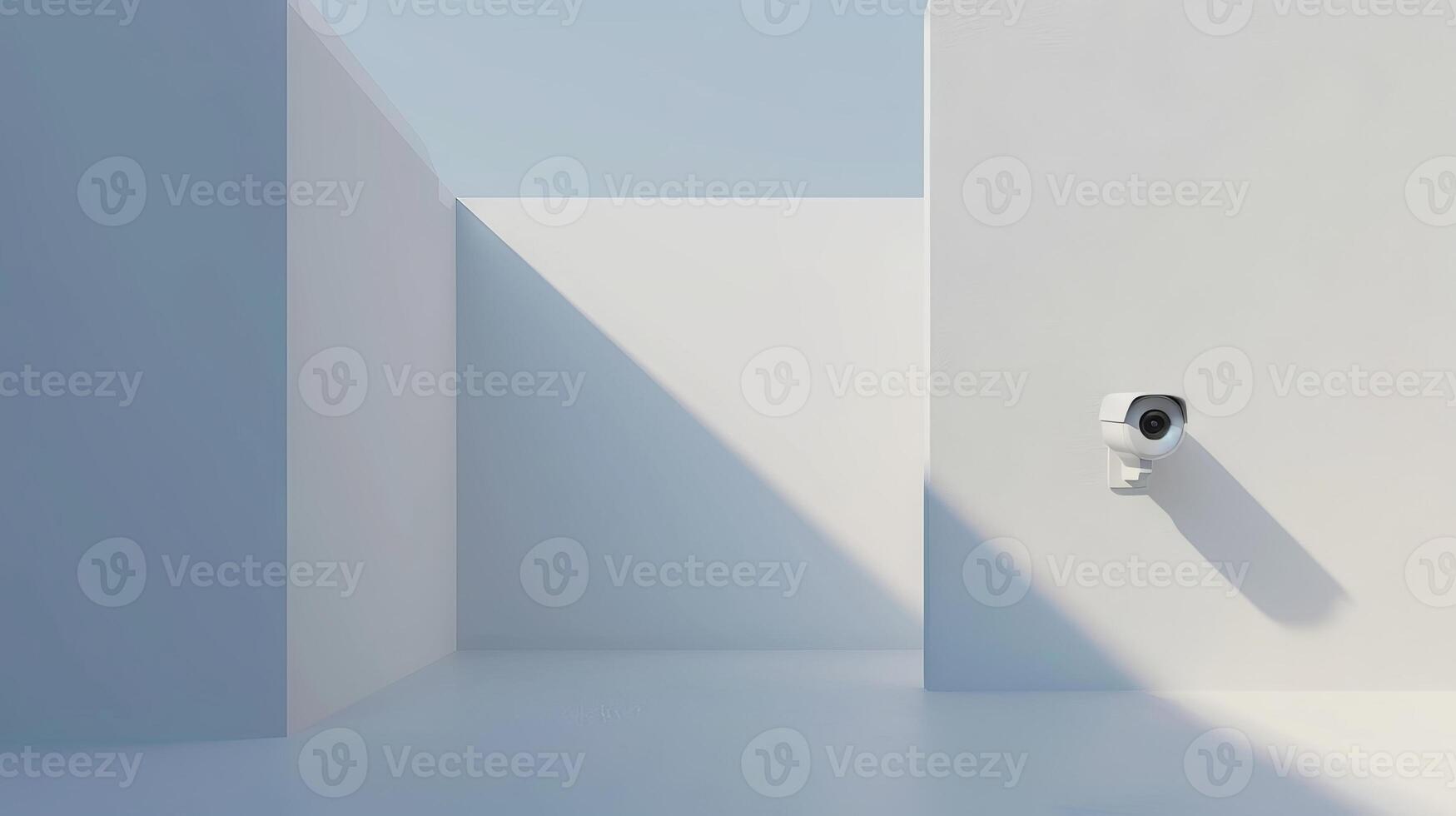 Security camera mounted on a modern white wall with geometric shadows. Surveillance technology. Concept of security, urban design, privacy protection, modern architecture photo