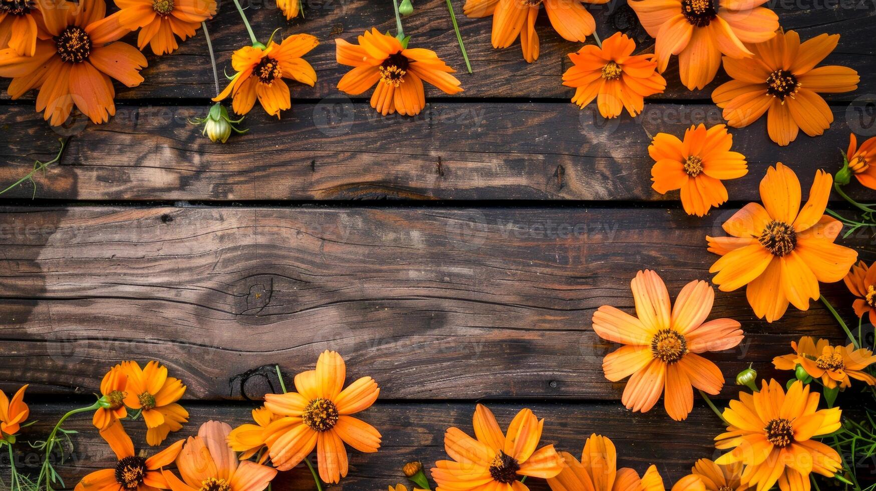 Bright orange flowers scattered on a rustic wooden surface. Copy space. Concept of floral arrangement, nature beauty, botanical design. Day of the Dead, Dia de los Muertos celebration. Greeting card photo