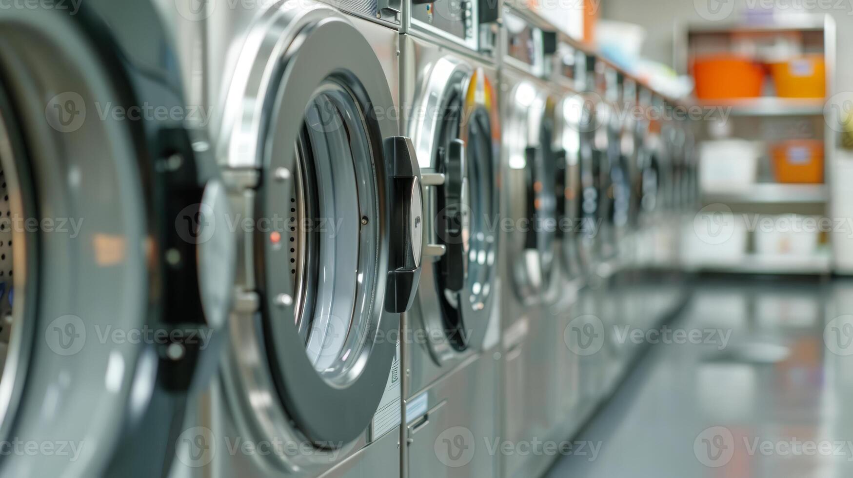 Public laundromat with sleek washing machines. High-tech laundry facility. Concept of technology, efficiency, public amenities. photo