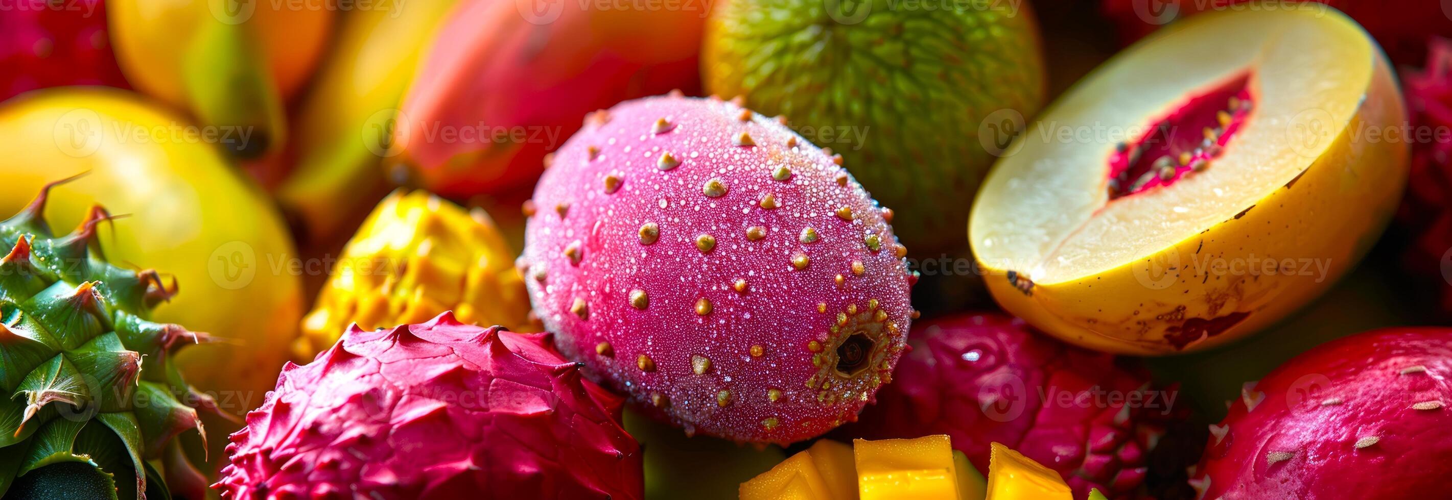 Vibrant assortment of exotic fruits including cactus pear and dragon fruit. Colorful tropical produce, healthy diet, fresh nutrition, food variety concept photo
