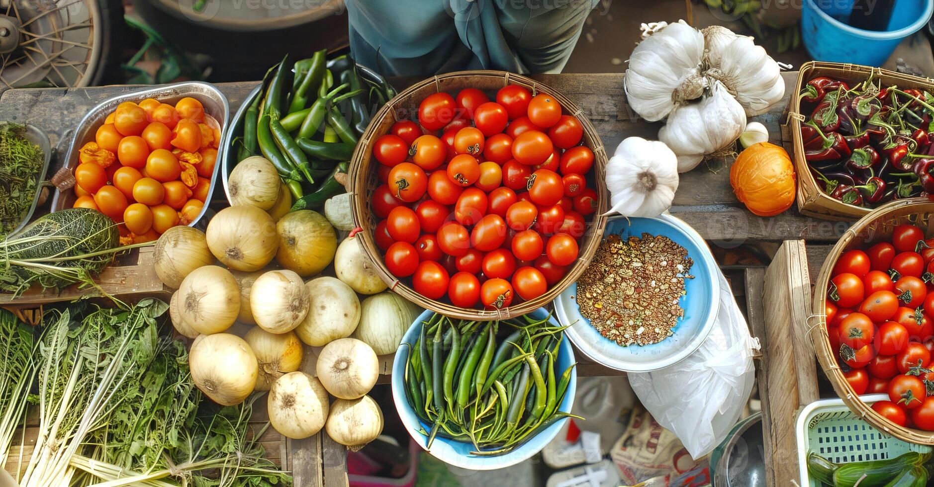 Fresh vegetables on display at a market stall. Assortment of organic produce at a local market. Concept of healthy eating, local produce, and farmers market photo