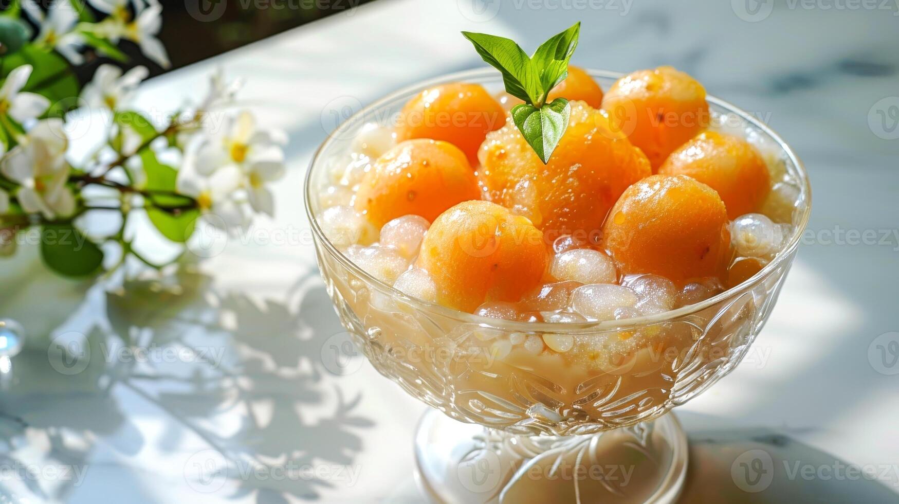 Thai tapioca pudding with cantaloupe in a glass bowl. Sago dessert with sweet orange melon. Concept of Thai cuisine, traditional Asian dish, summer desserts photo