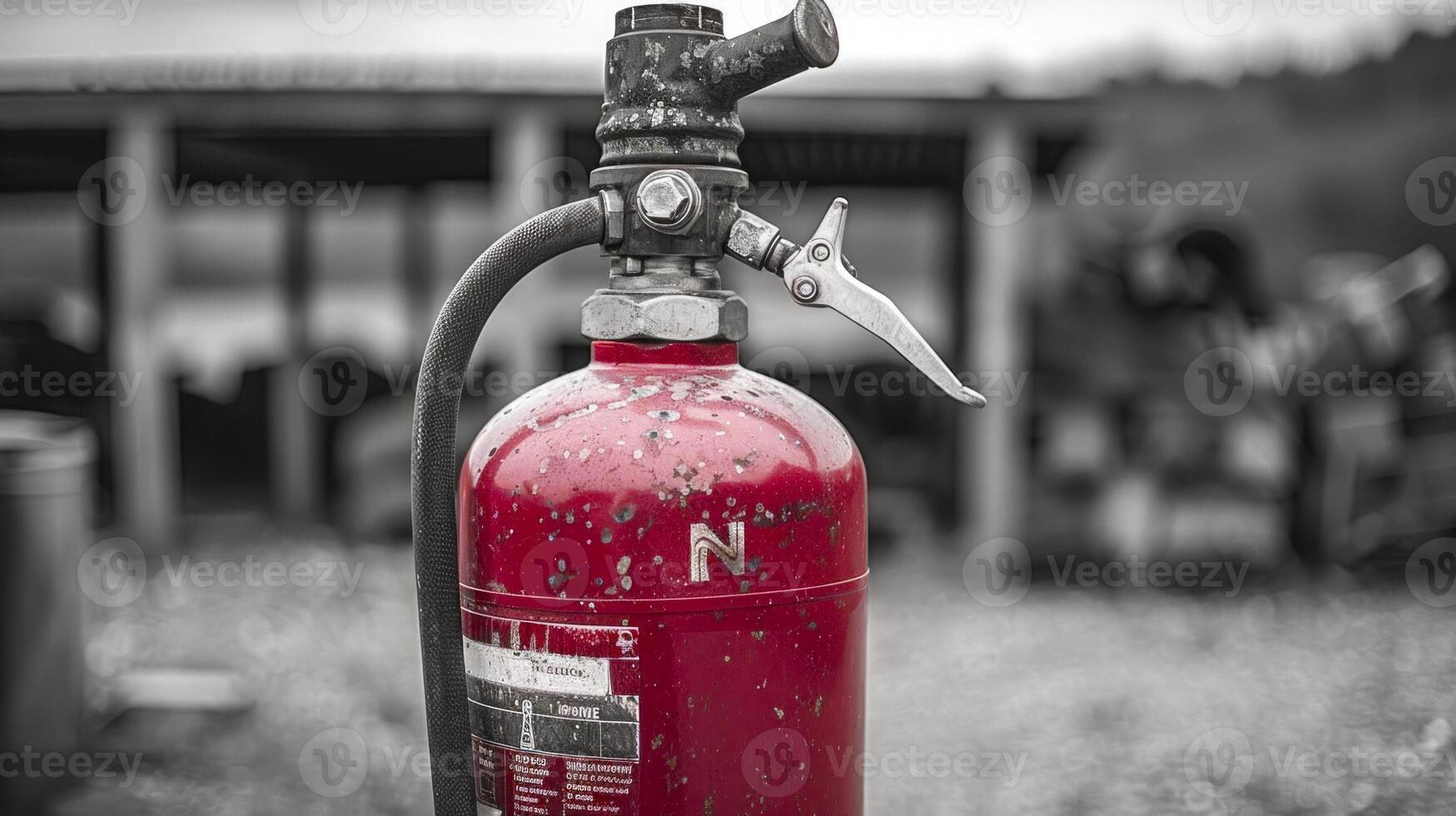 Weathered Fire Extinguisher with Hose in Outdoor Setting. Safety Equipment. Concept of Emergency, Preparedness, Vigilance photo