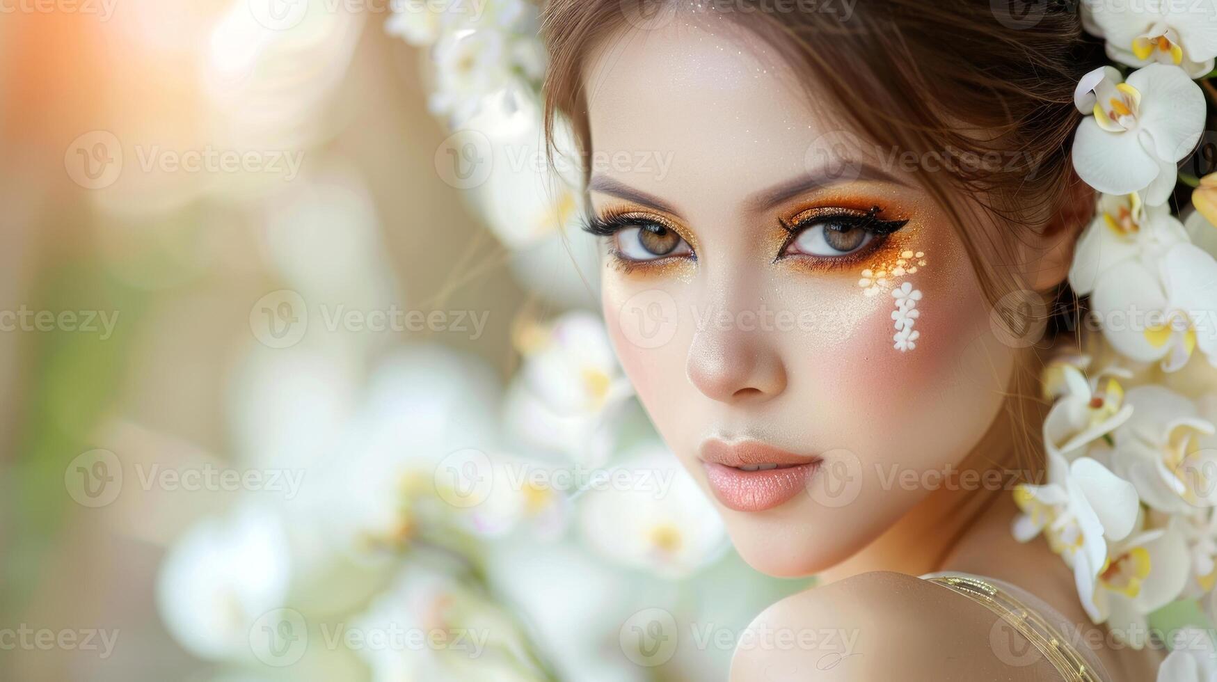 Young woman with floral makeup surrounded by white orchids. Beautiful female with artistic face paint in garden. Beautiful bride. Copy space. Concept of beauty, nature, floral art, elegance, wedding photo