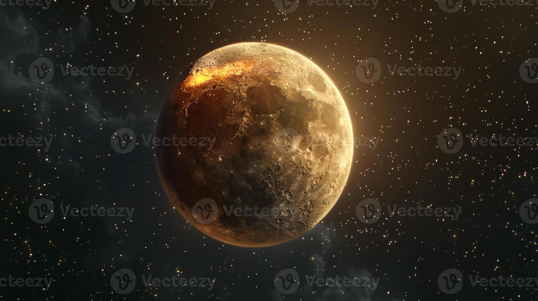 Partial lunar eclipse with the moon in shadow against a star-filled sky. Moon during a lunar eclipse in a starry night. Concept of eclipse, space phenomena, astronomy event, and celestial observation photo