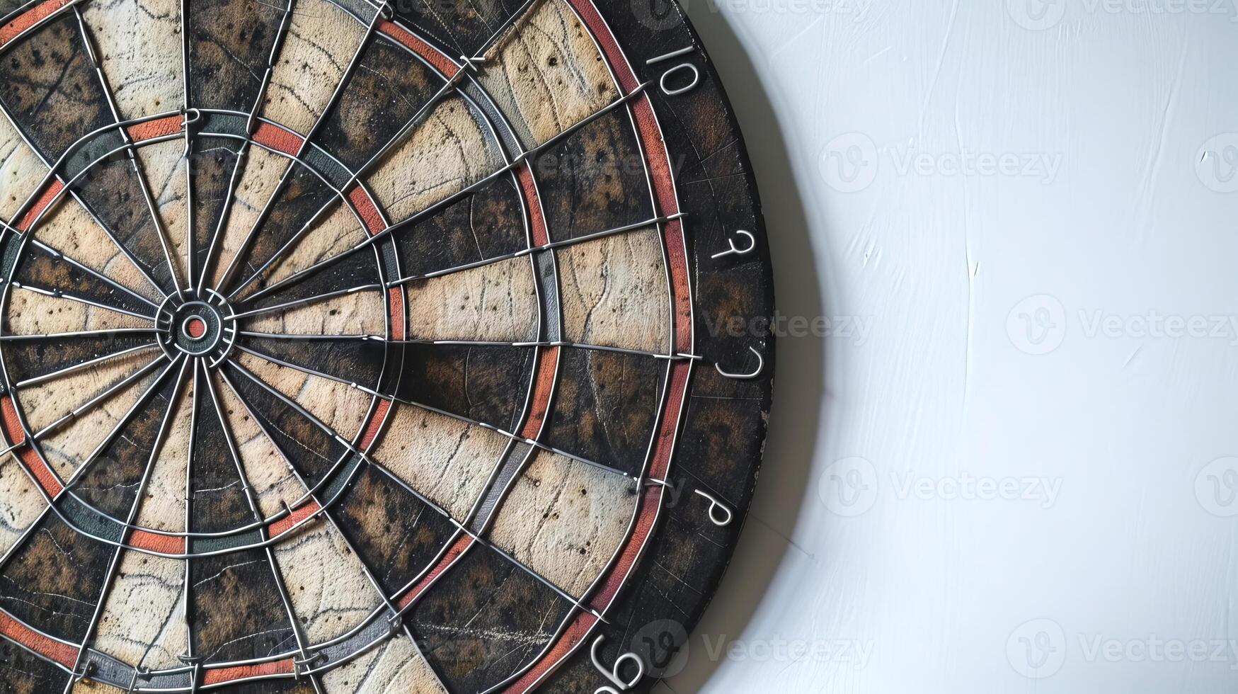 Close-up of an old dartboard on a white wall. Concept of darts game, sports target, precision challenge, recreational activity. Banner. Copy space photo